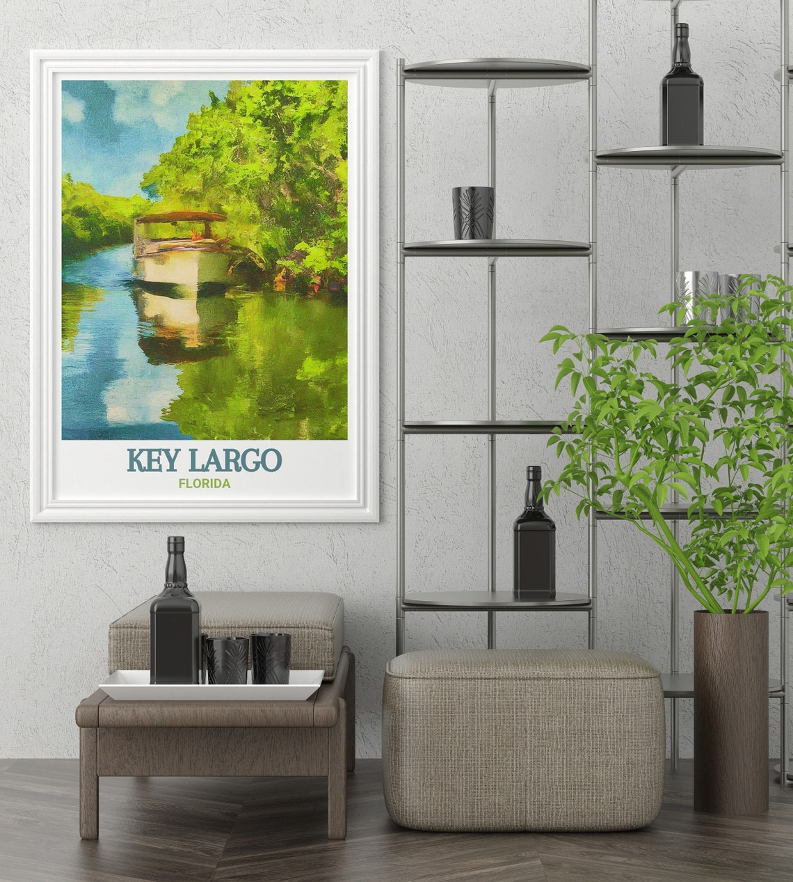 Key Largo Canal Boat Mangrove Reflections Florida Scenic Travel Poster - Image 3