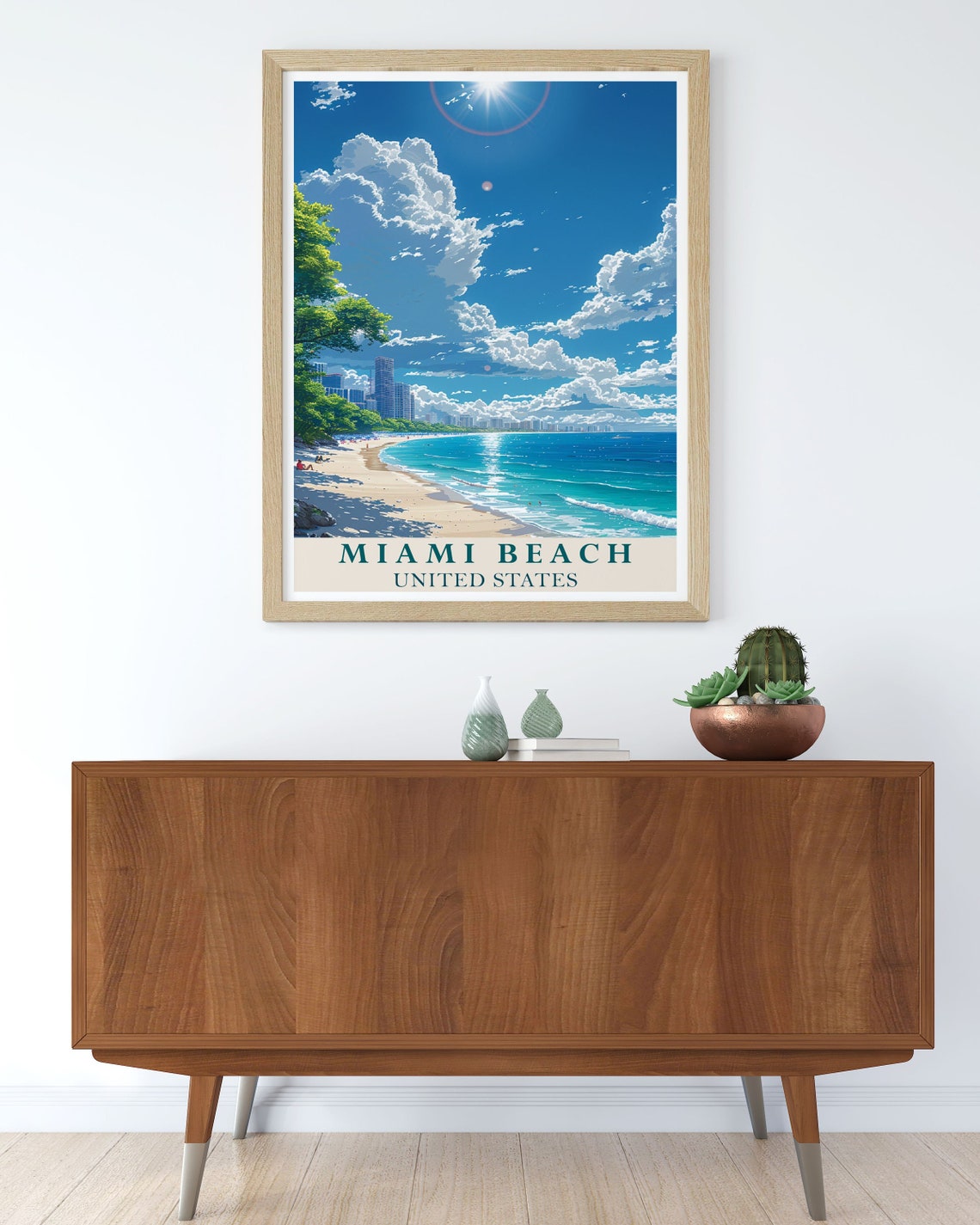 Miami Beach Sunny Shoreline With City Skyline And Clouds Poster - Image 3