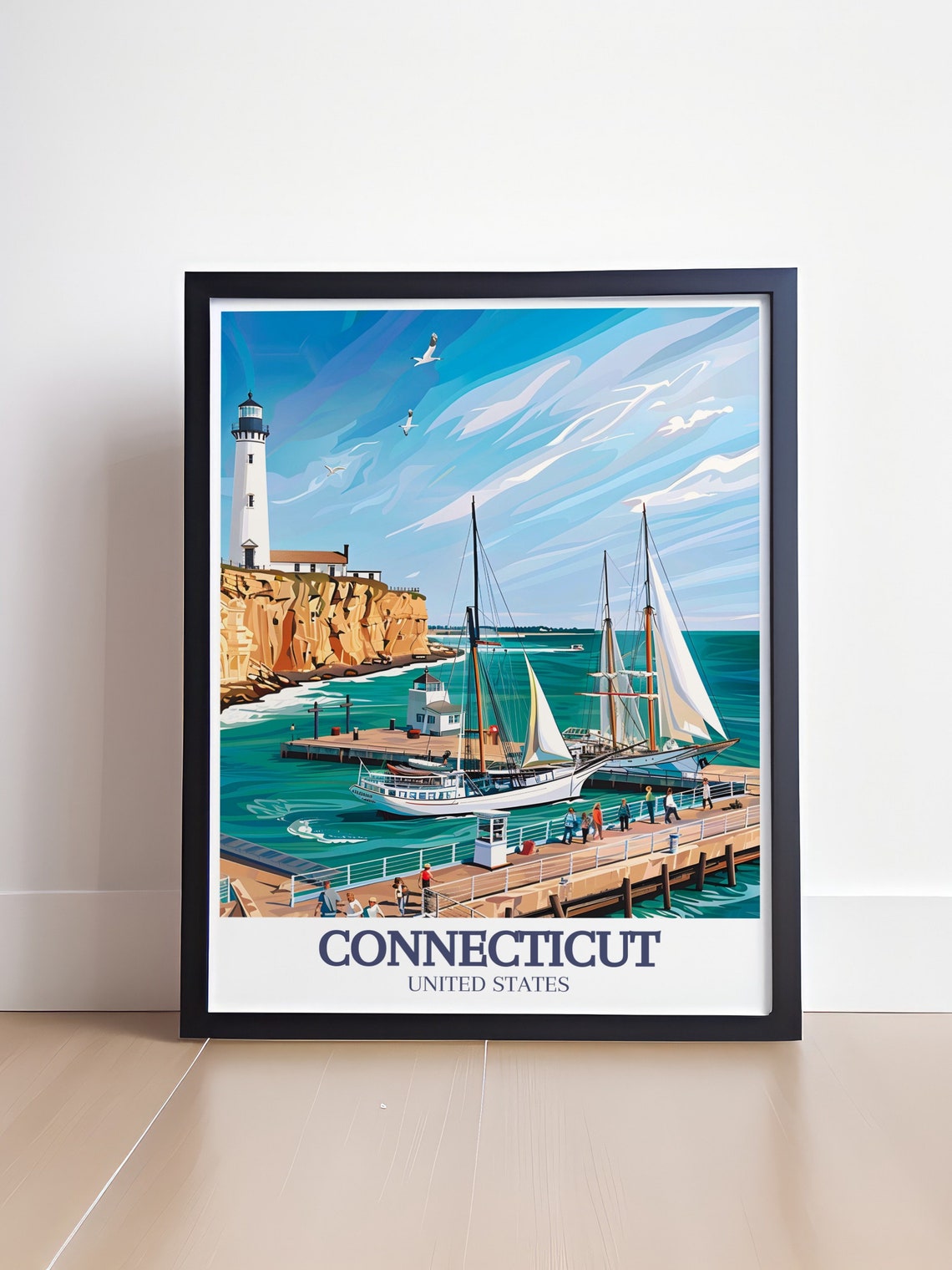 Connecticut Cliff Lighthouse Sailboats Harbor Summer Travel Poster - Image 4
