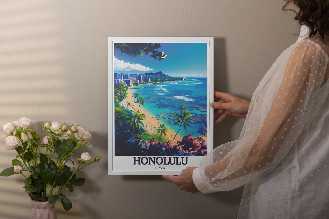 Honolulu Hawaii Waikiki Beach and Diamond Head Ocean View Poster - Image 3