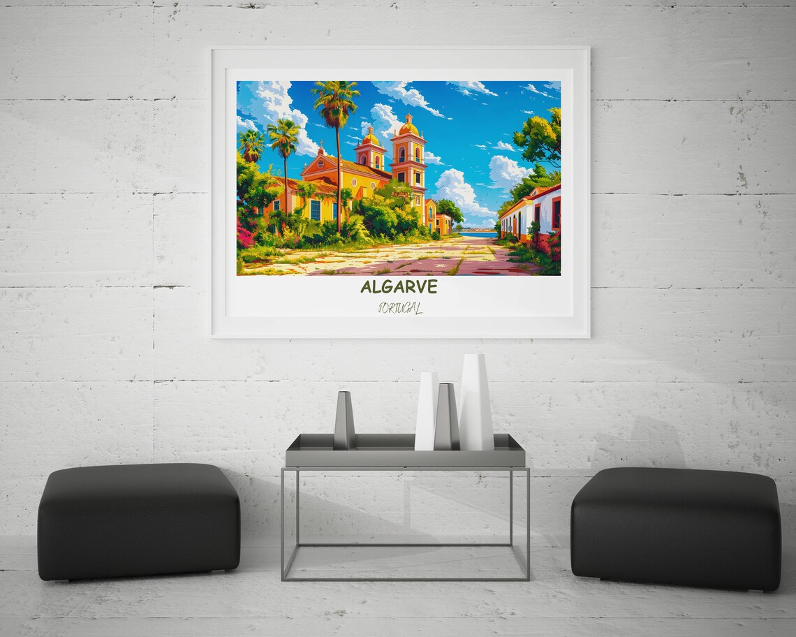 Algarve Portugal Yellow Church Palm Trees Square Vintage Travel Poster - Image 2