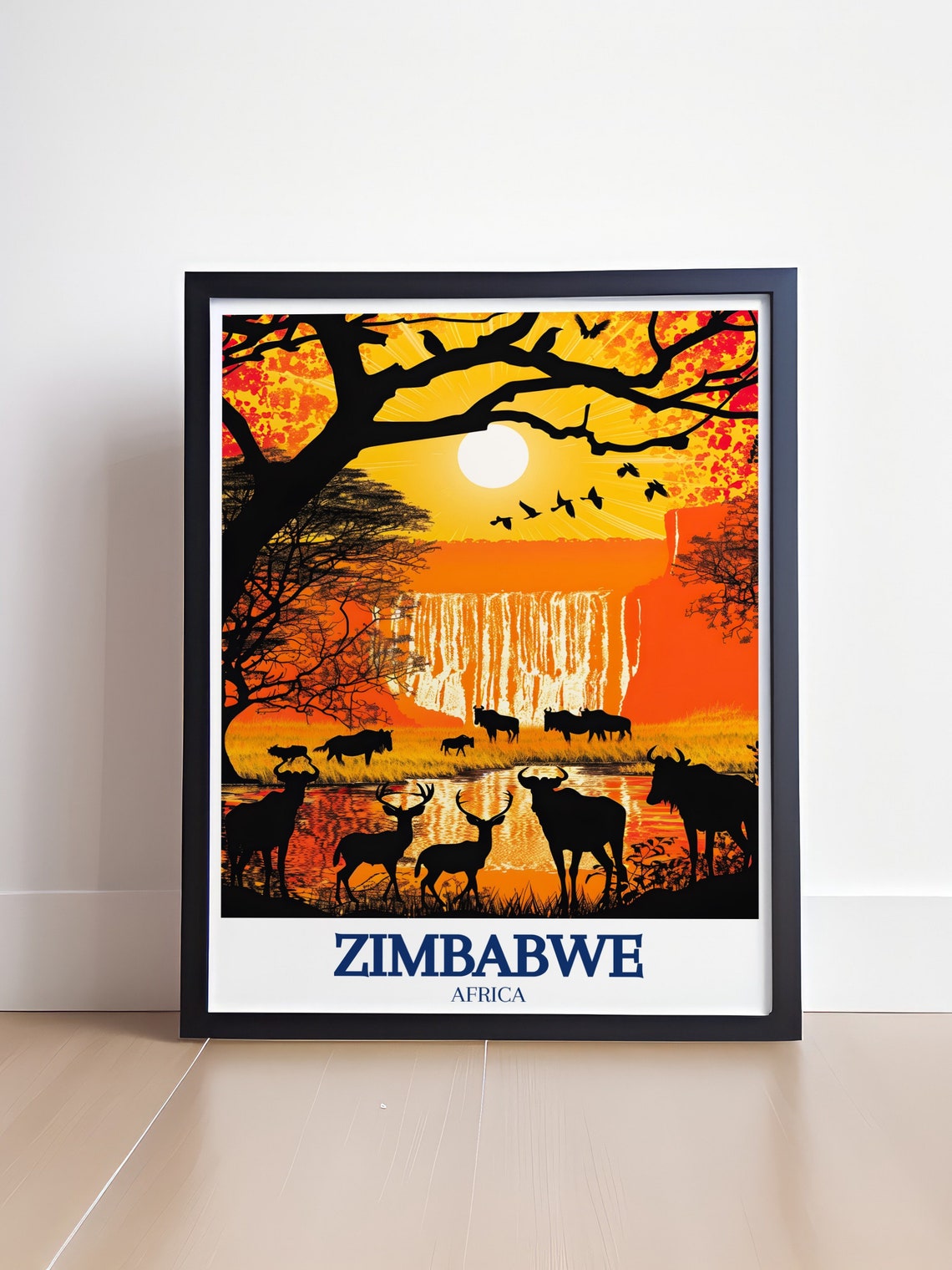Zimbabwe Africa Safari Sunset Wildlife Waterfall Silhouette Poster - Image 4