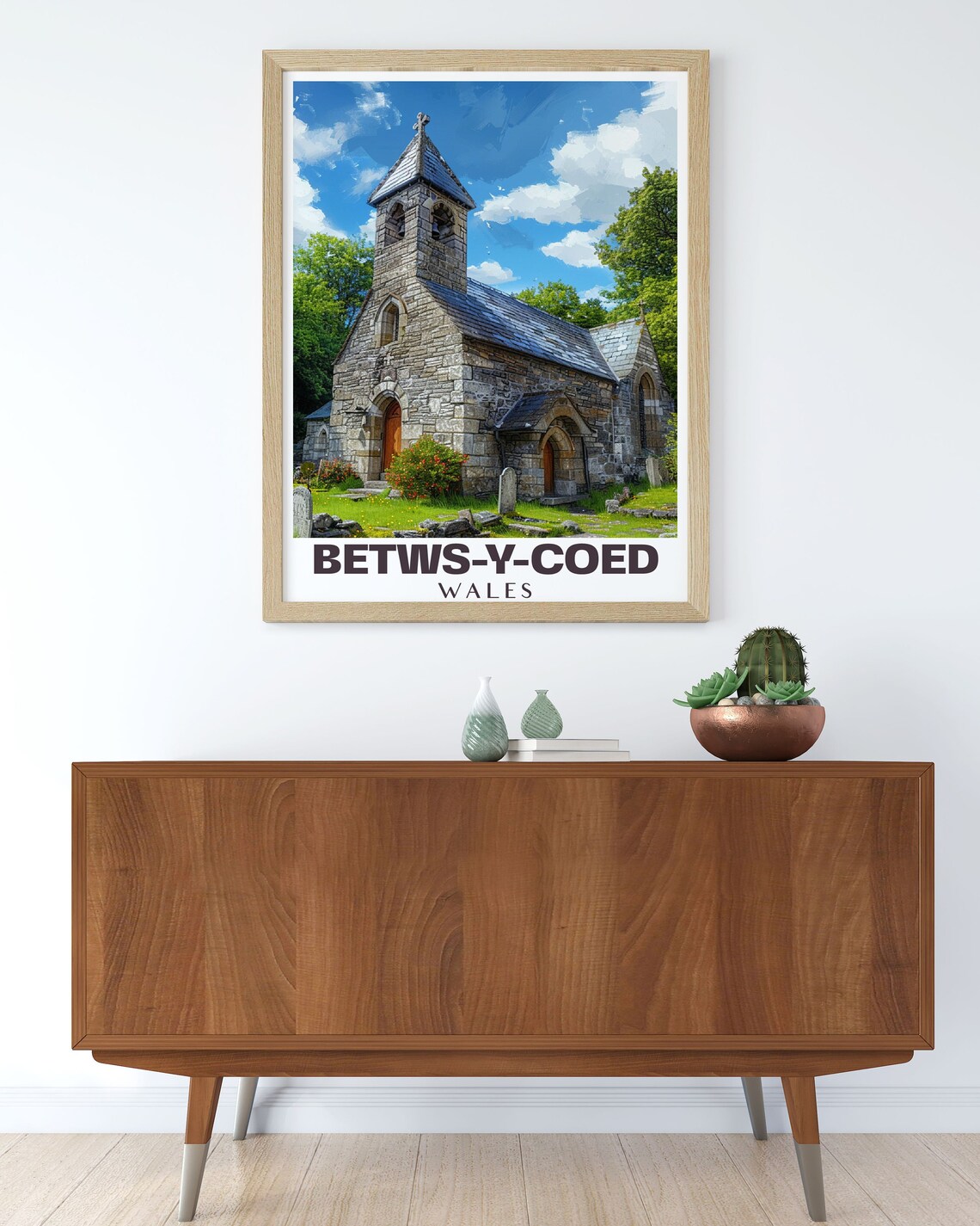 Betws-y-Coed Wales Historic Stone Church Blue Sky Travel Poster - Image 2