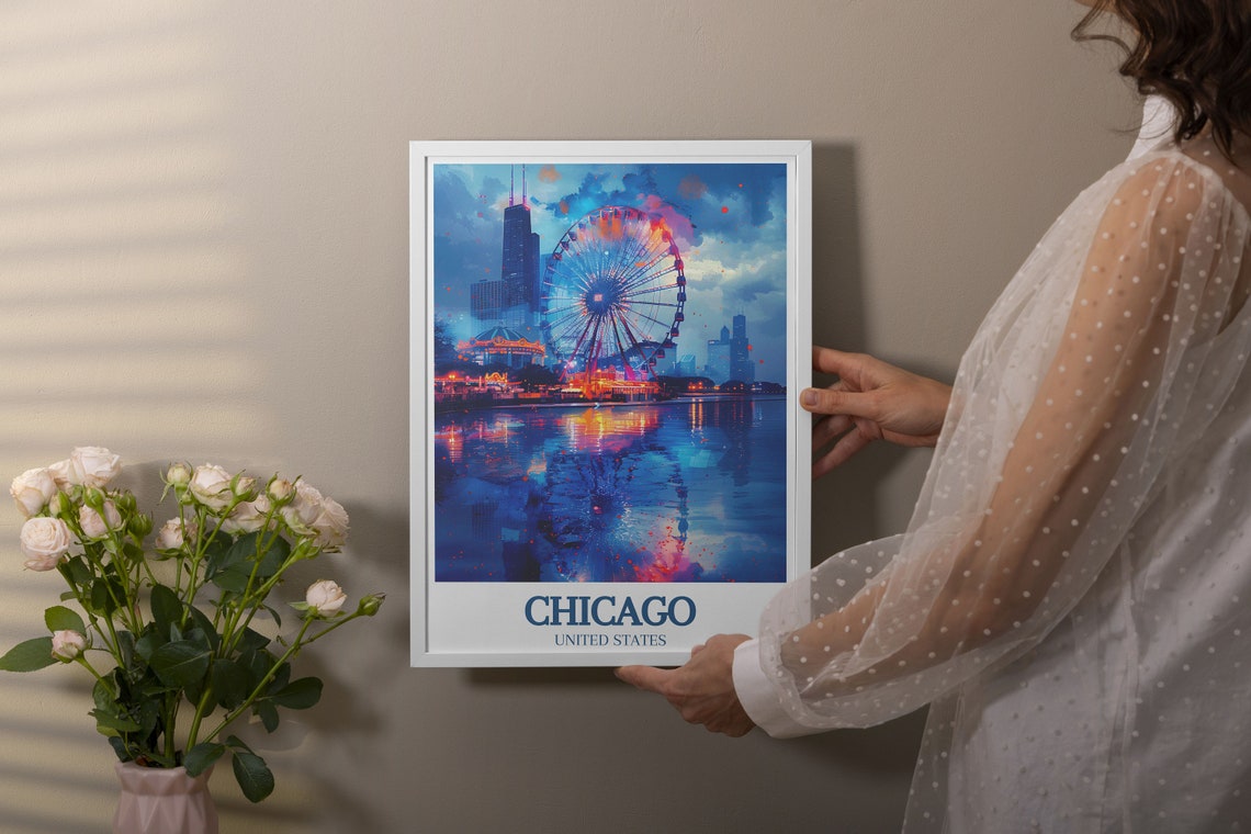 Chicago Navy Pier Centennial Wheel at Night Over Lake Michigan Poster - Image 2