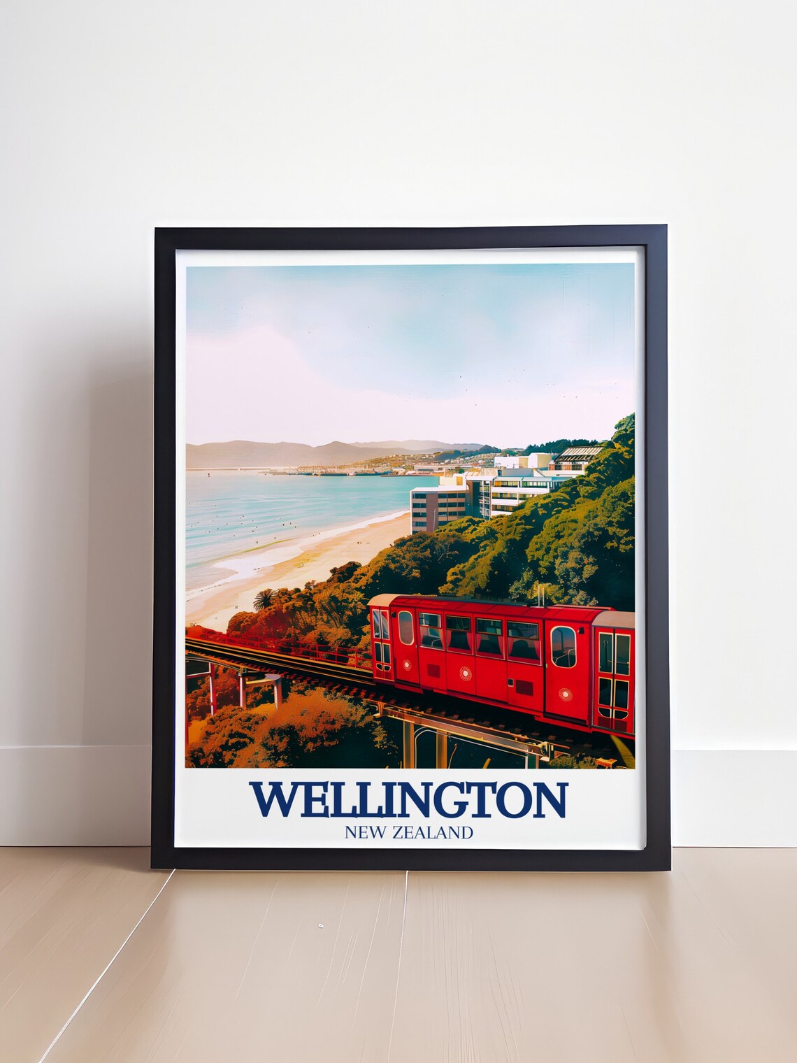 Wellington Oriental Bay Beach With Iconic Red Cable Car Travel Poster - Image 4