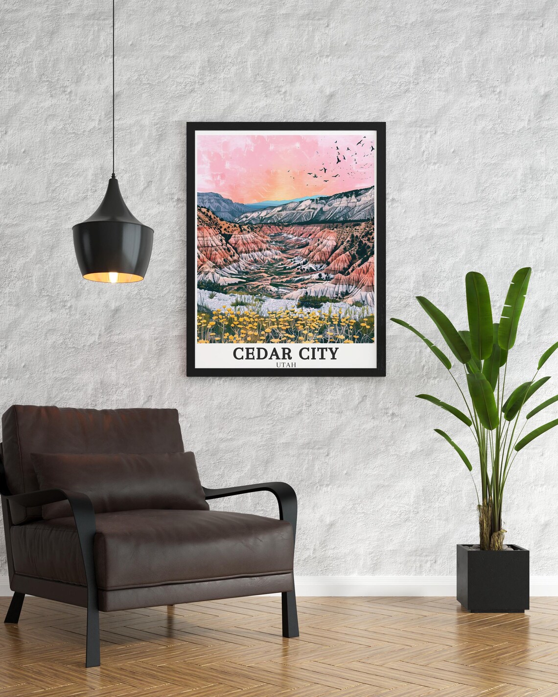 Cedar City Utah Poster Sunset Canyon with Wildflowers and Flying Birds - Image 4