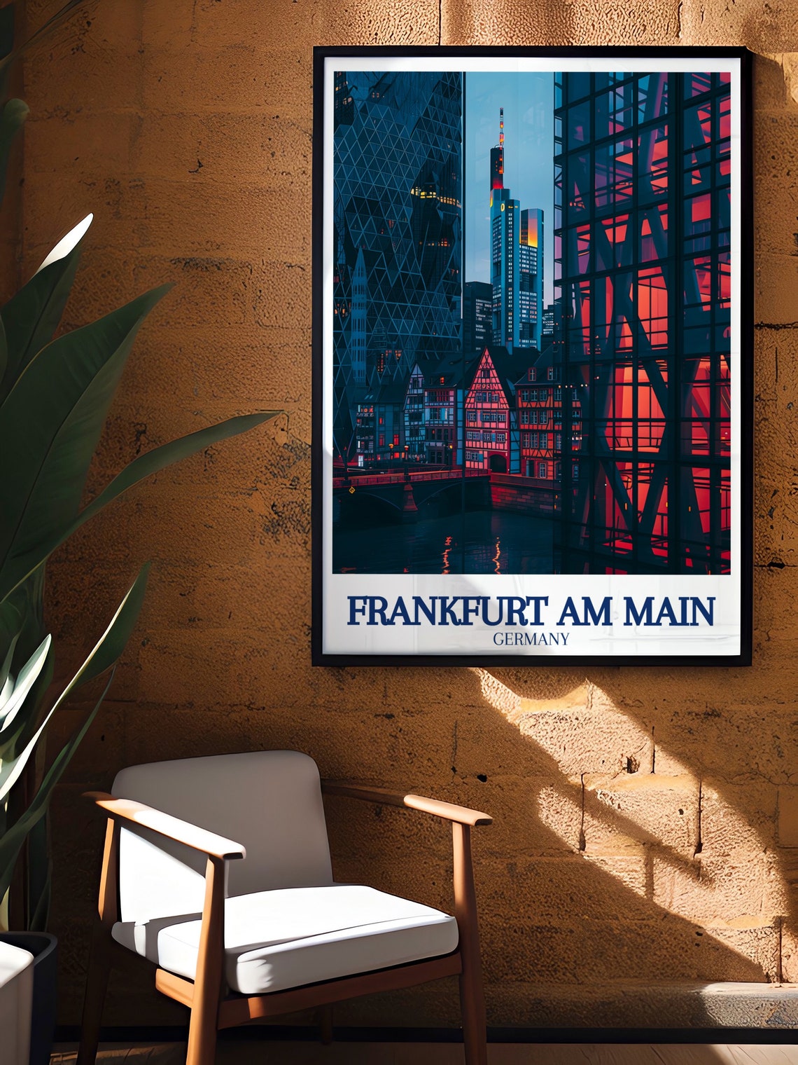 Frankfurt Am Main Neon Night City Skyline Vintage Travel Poster - Image 3
