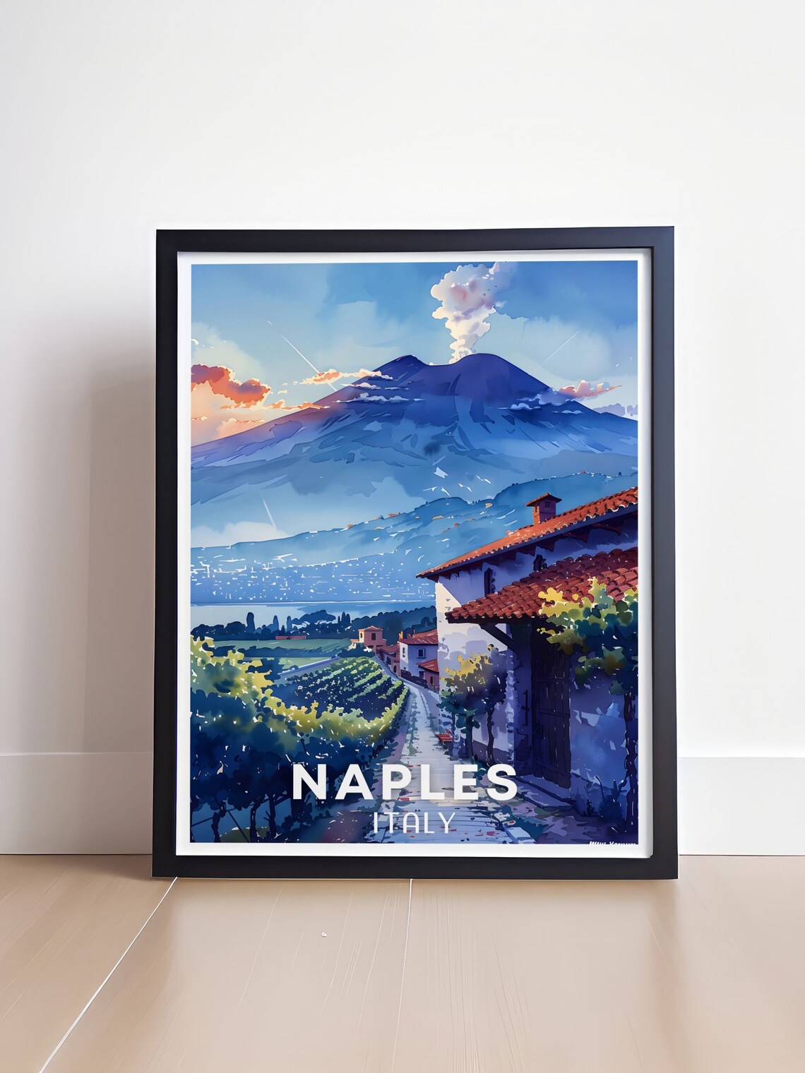 Naples Italy Mount Vesuvius Vineyard Sunset Watercolor Travel Poster - Image 4
