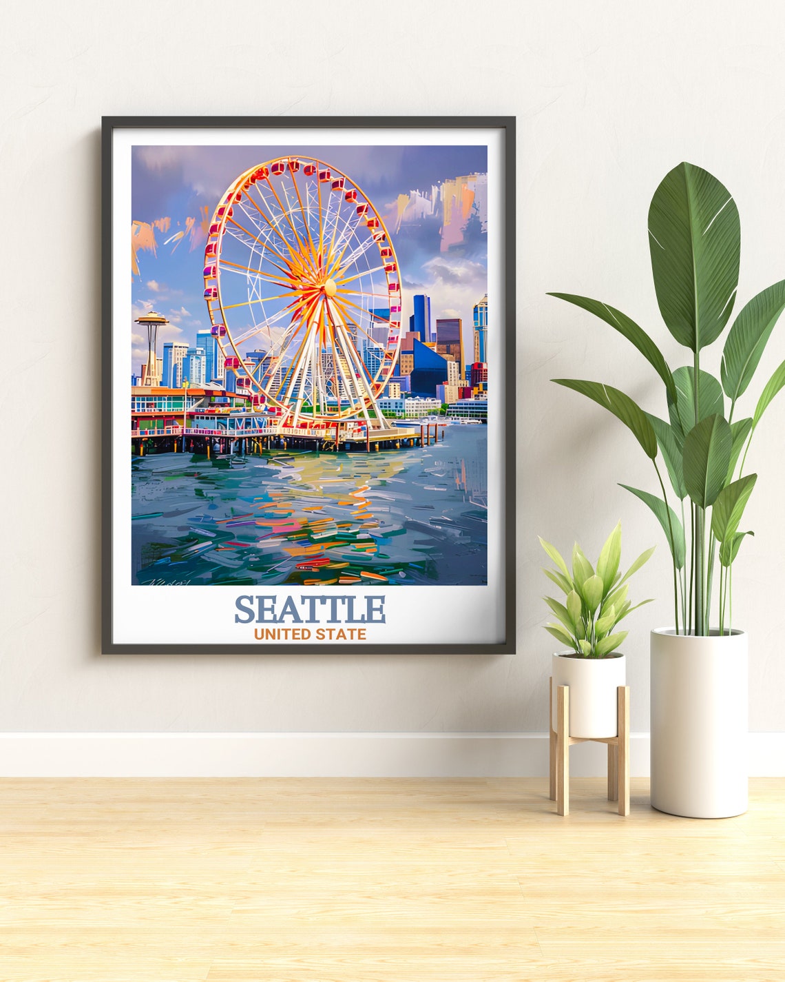 Seattle Great Wheel Waterfront Skyline Vibrant Painterly Art Poster - Image 2