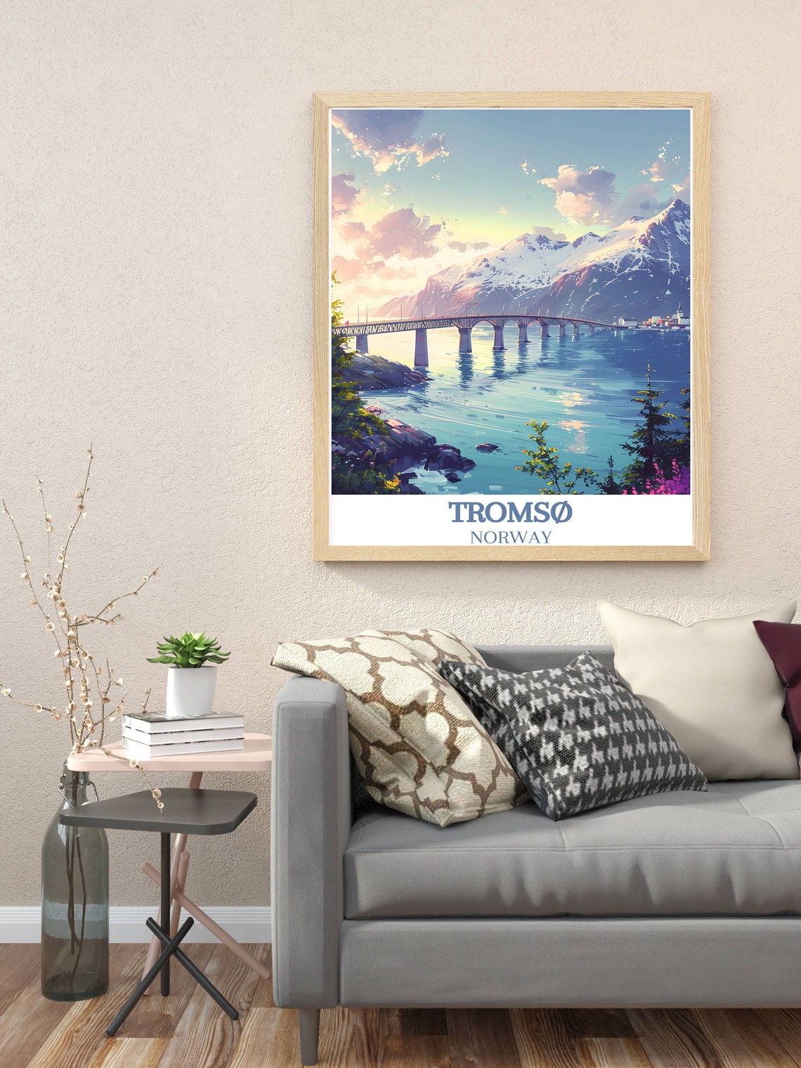 Tromso Norway Bridge Over Fjord Golden Sunset Reflection Poster - Image 2