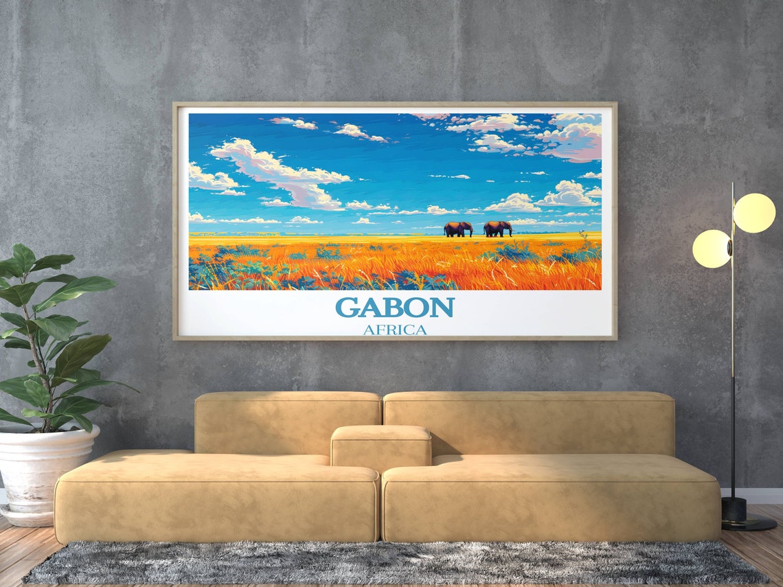 Gabon Africa Elephants Crossing Golden Savanna Grass Land Poster - Image 3