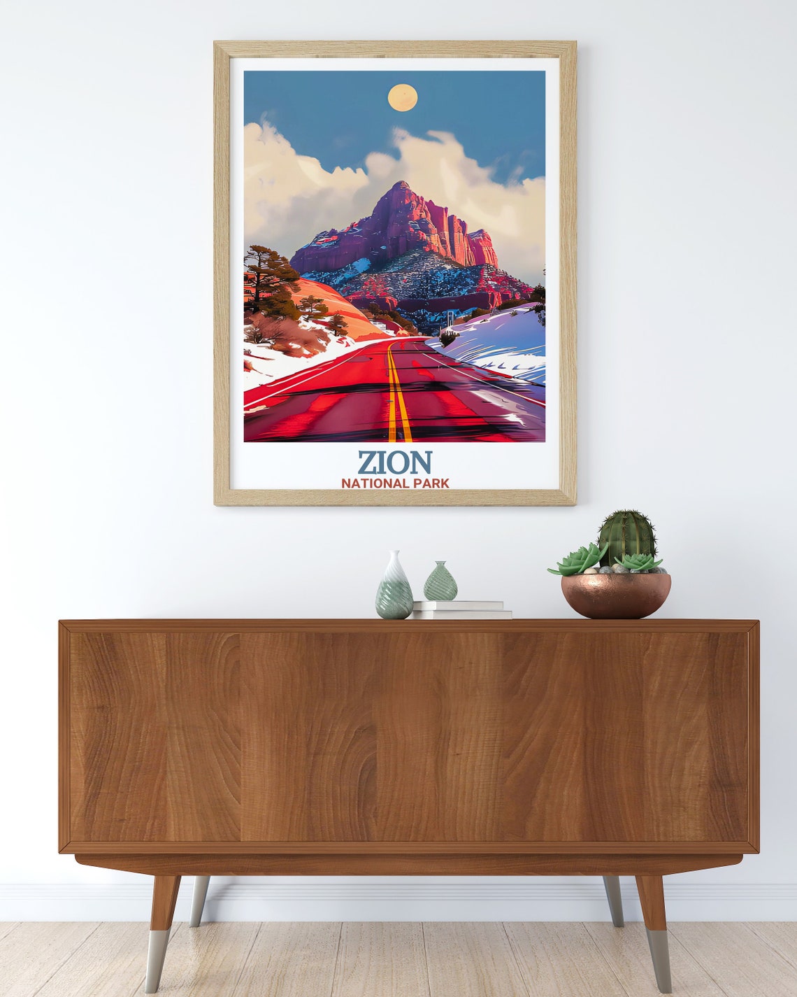 Zion National Park Snowy Scenic Drive With Moon Red Rock Poster - Image 3