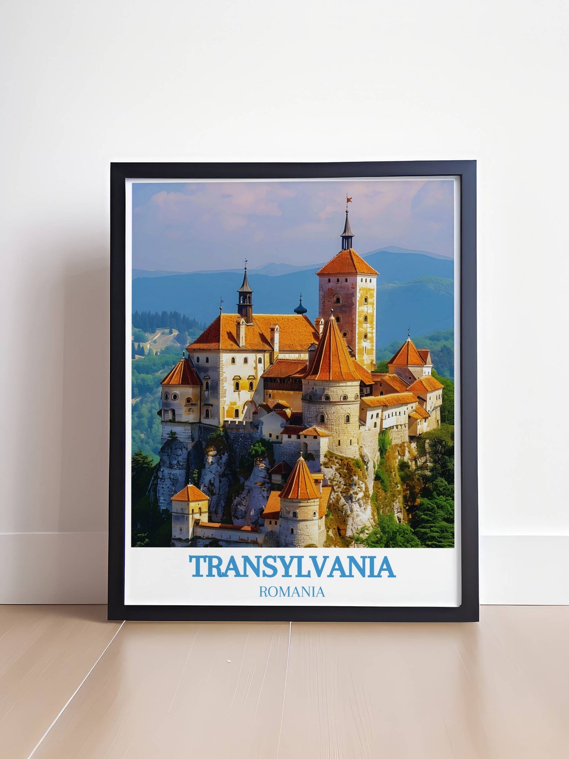 Transylvania Romania Travel Poster Bran Castle Red Rooftops View - Image 4