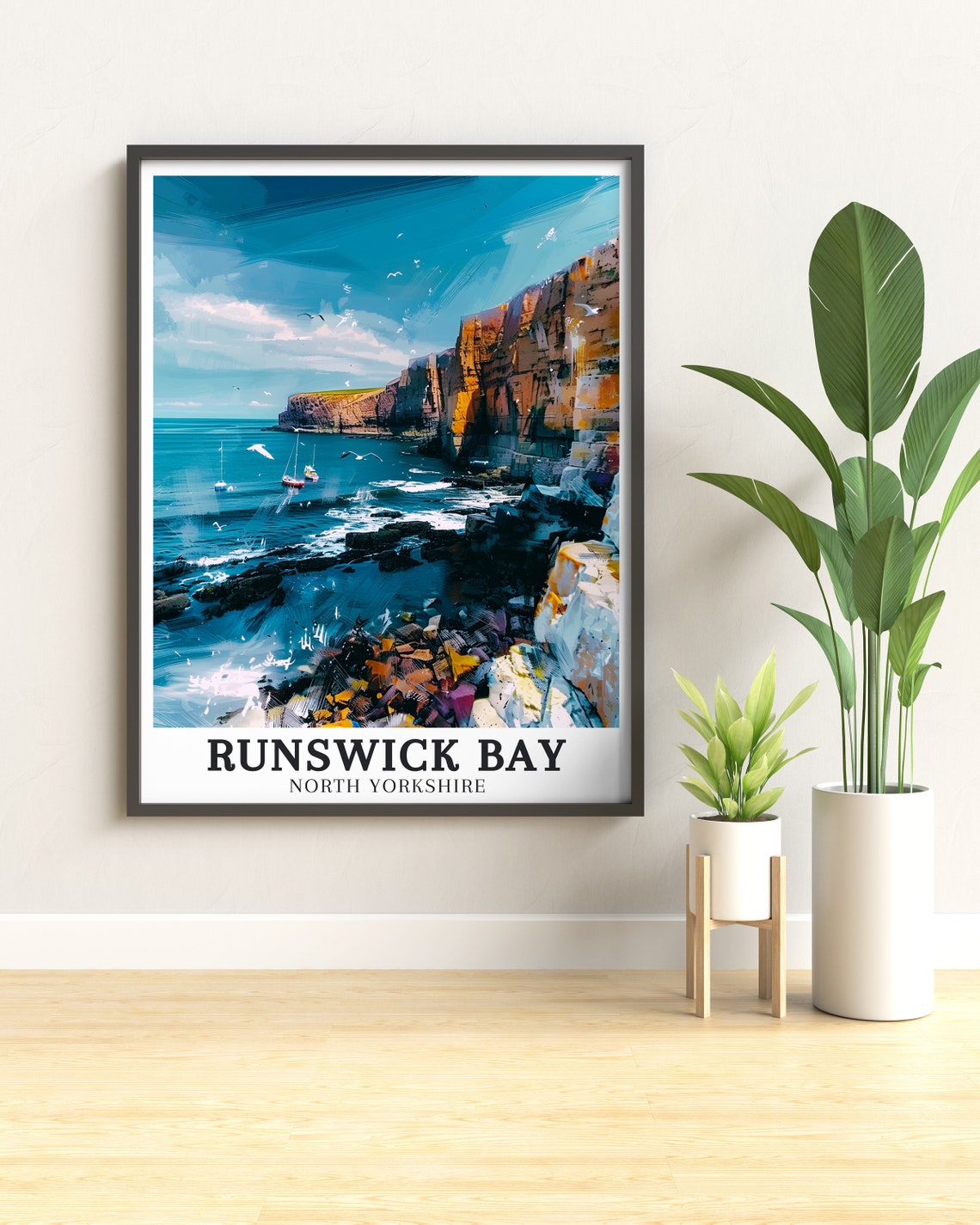 Runswick Bay Sea Cliffs and Fishing Boats Harbor View Poster - Image 3