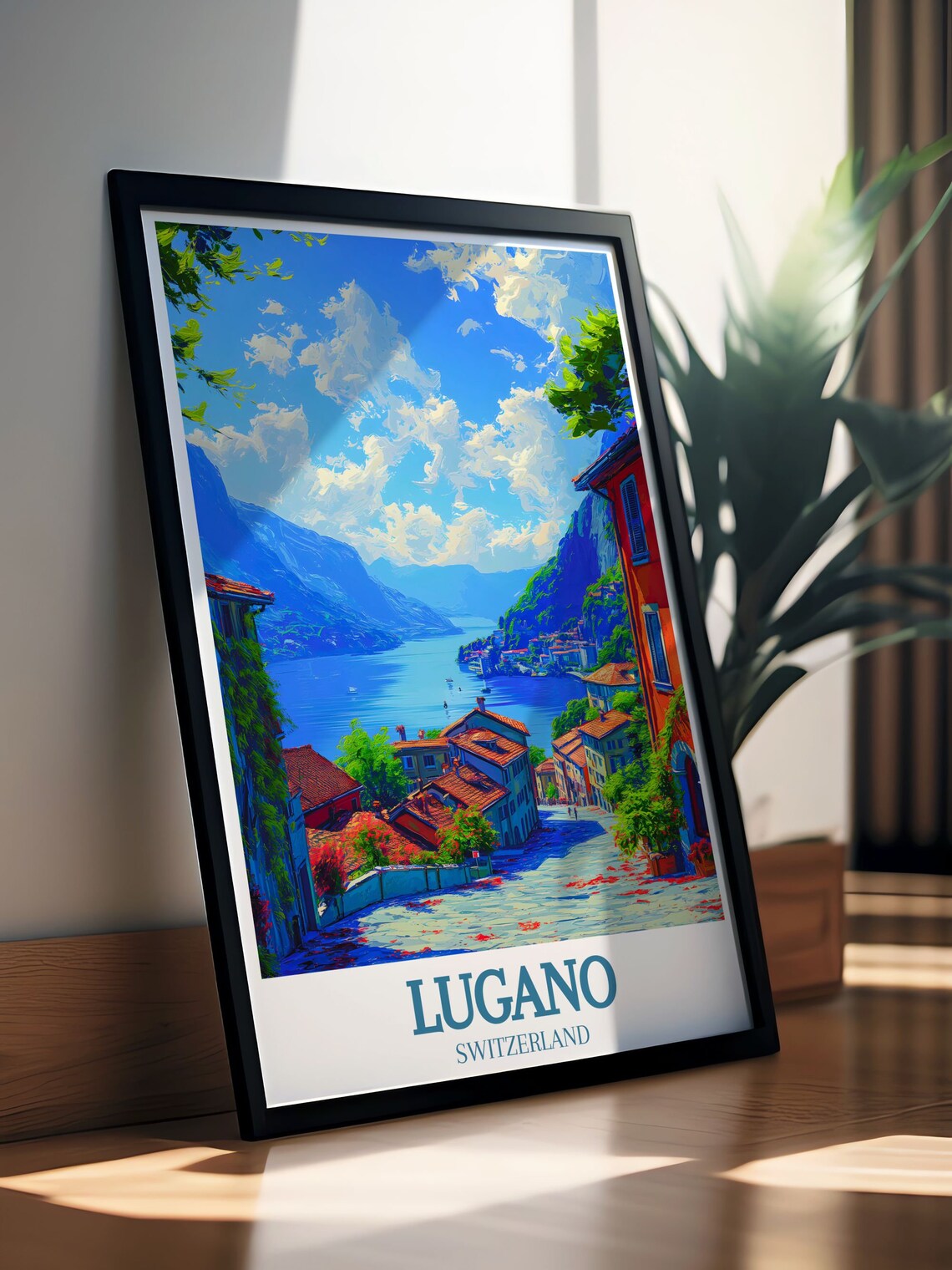 Lugano Switzerland Lakeside Village Street And Mountains Poster - Image 2