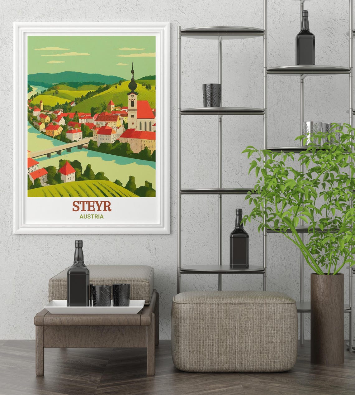 Steyr Austria Riverside Old Town and Church Tower View Poster - Image 2