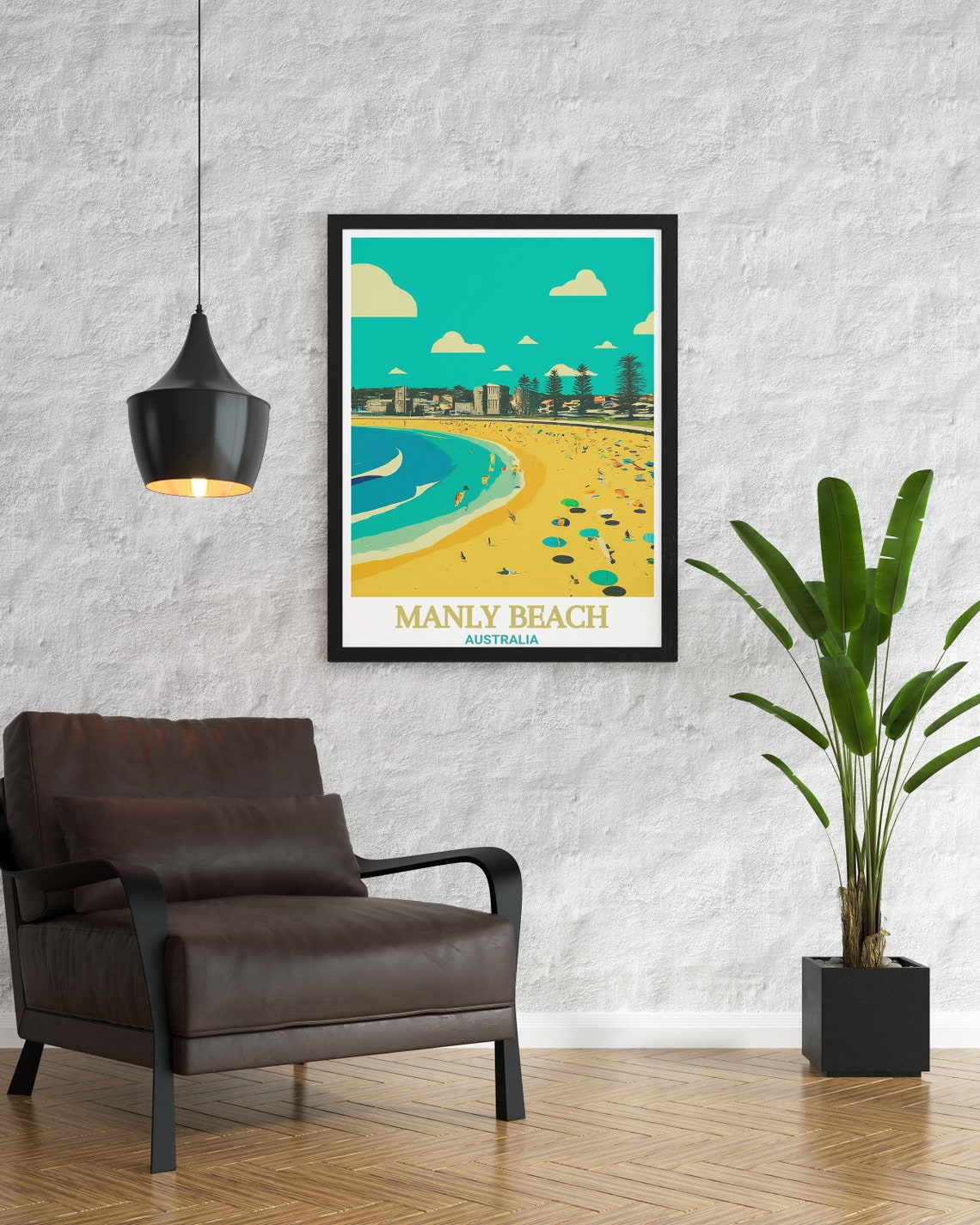 Manly Beach Australia Golden Retro Beach Umbrellas Scene Poster - Image 3