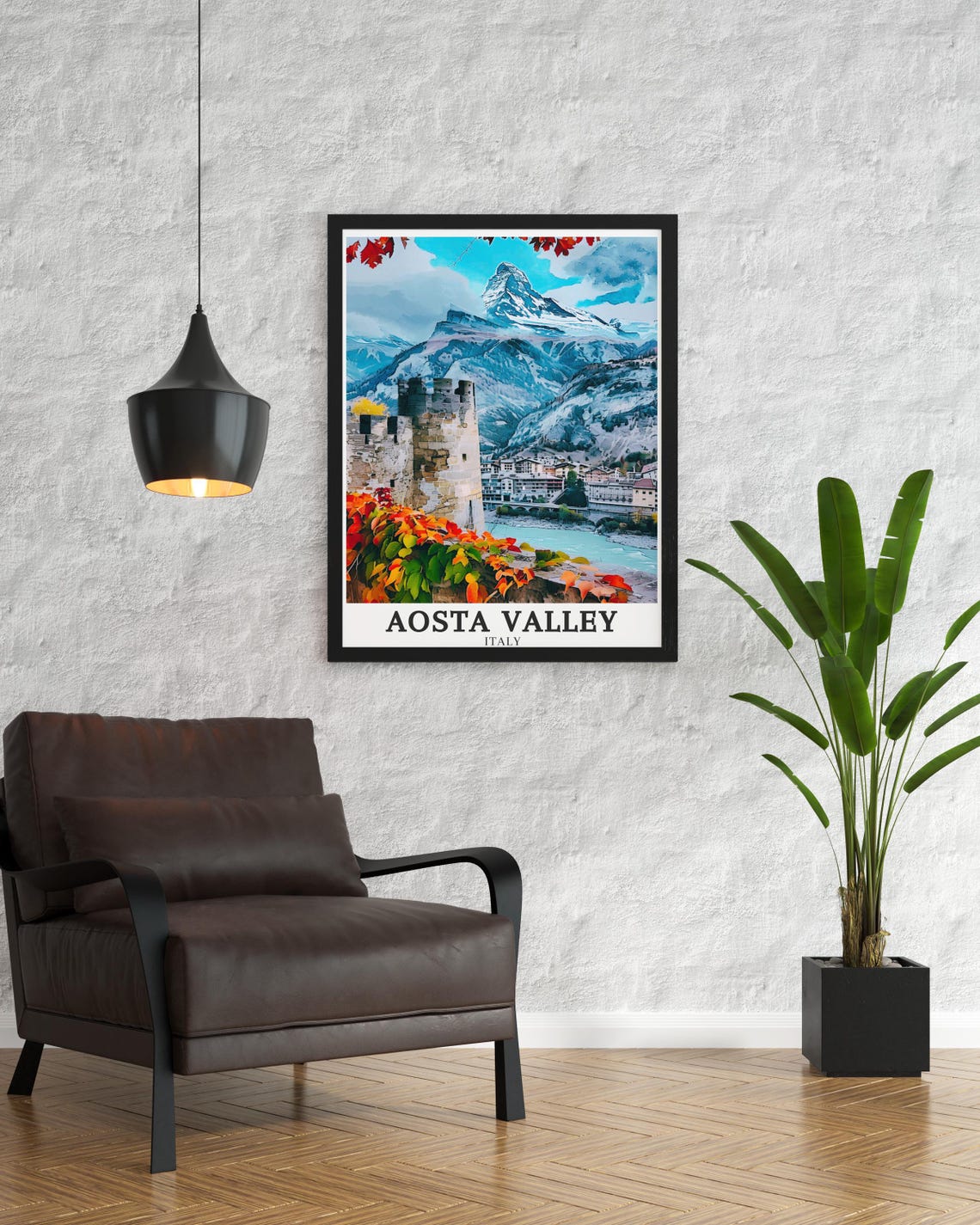 Aosta Valley Italy Autumn Castle Village Alpine Peak Travel Poster - Image 3