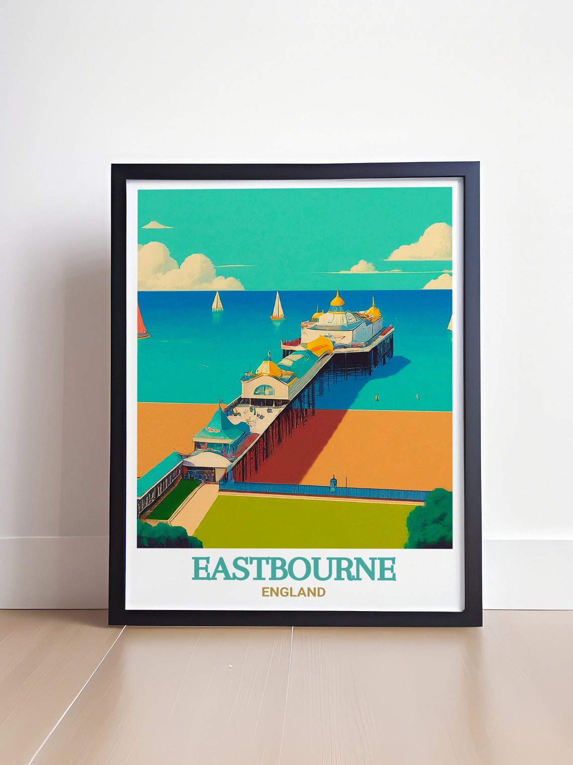 Eastbourne Pier Seaside Sailboats British Beach England Travel Poster - Image 4