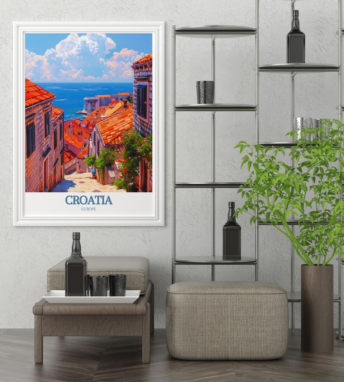 Croatia Europe Old Town Alley Red Roofs Over Blue Sea Poster - Image 3