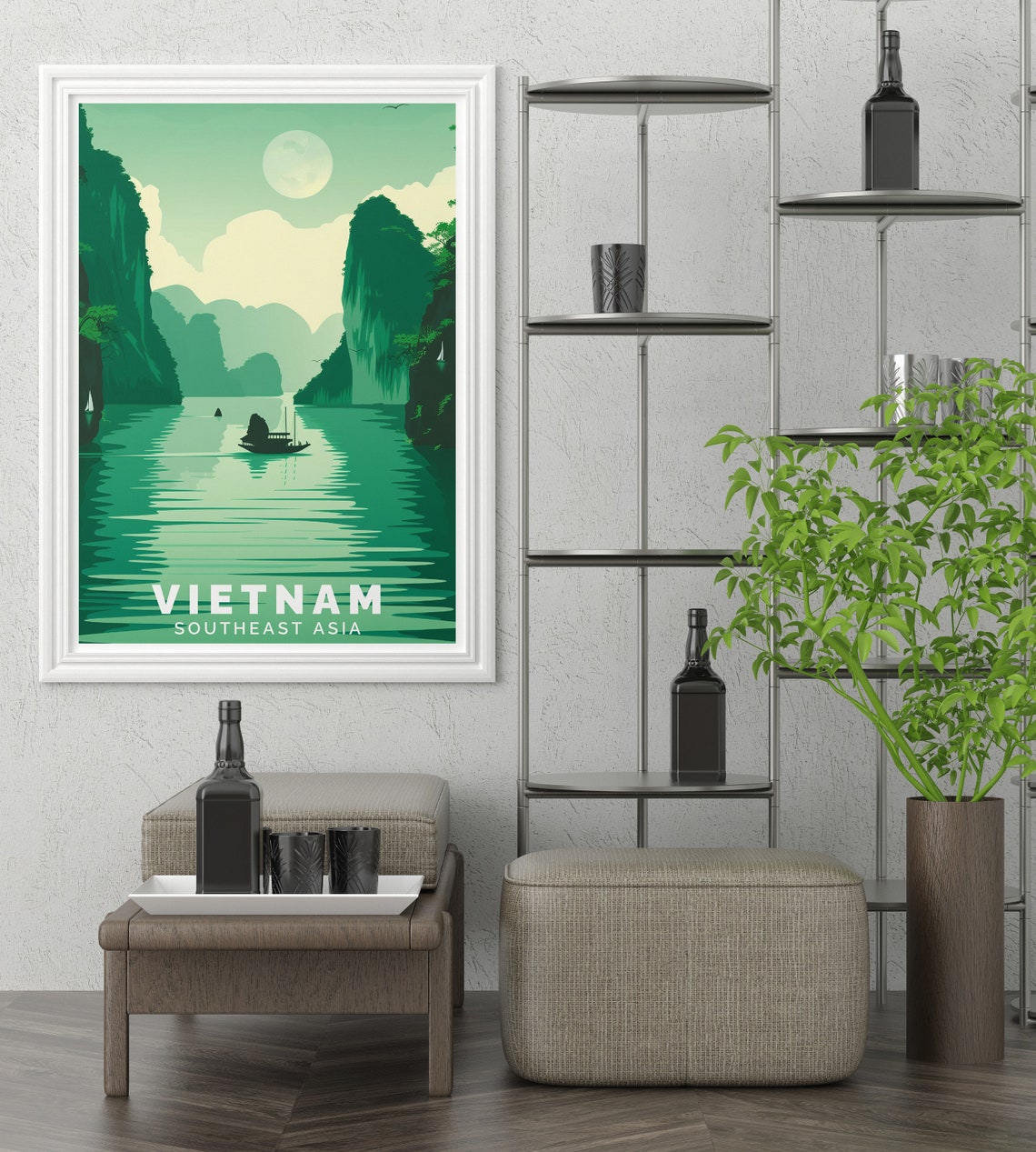 Vietnam Ha Long Bay Emerald Karsts Junk Boat Moonlit Travel Poster - Image 3