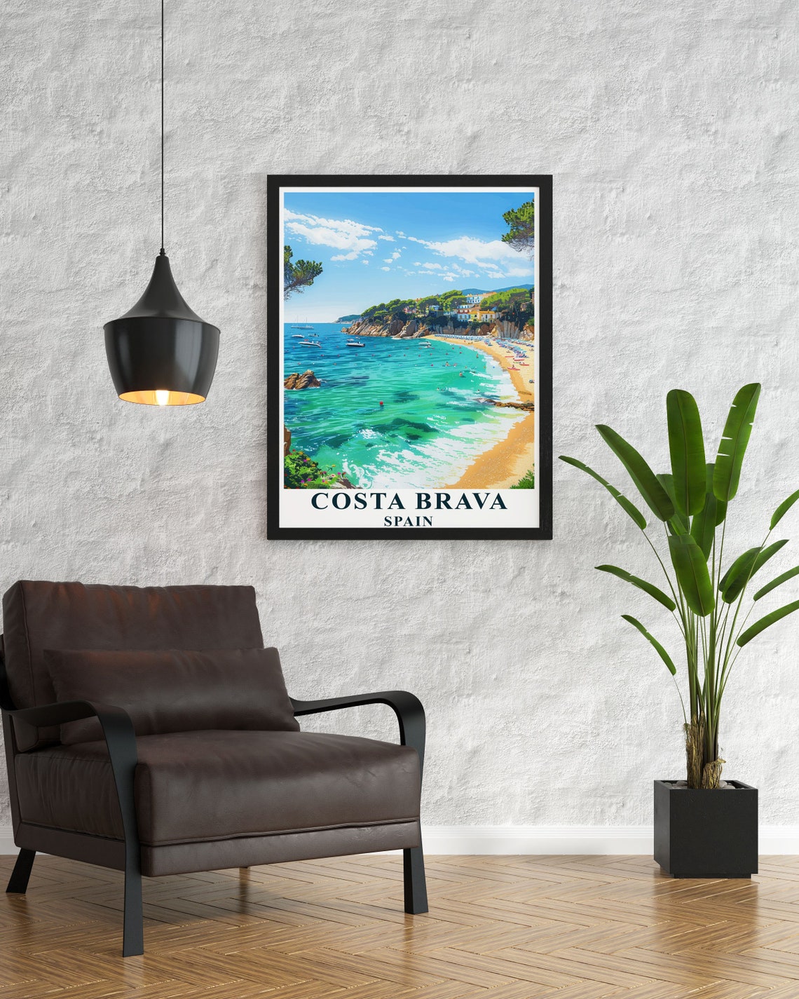 Costa Brava Turquoise Cove Beach with Cliffs Swimmers Spain Poster - Image 3