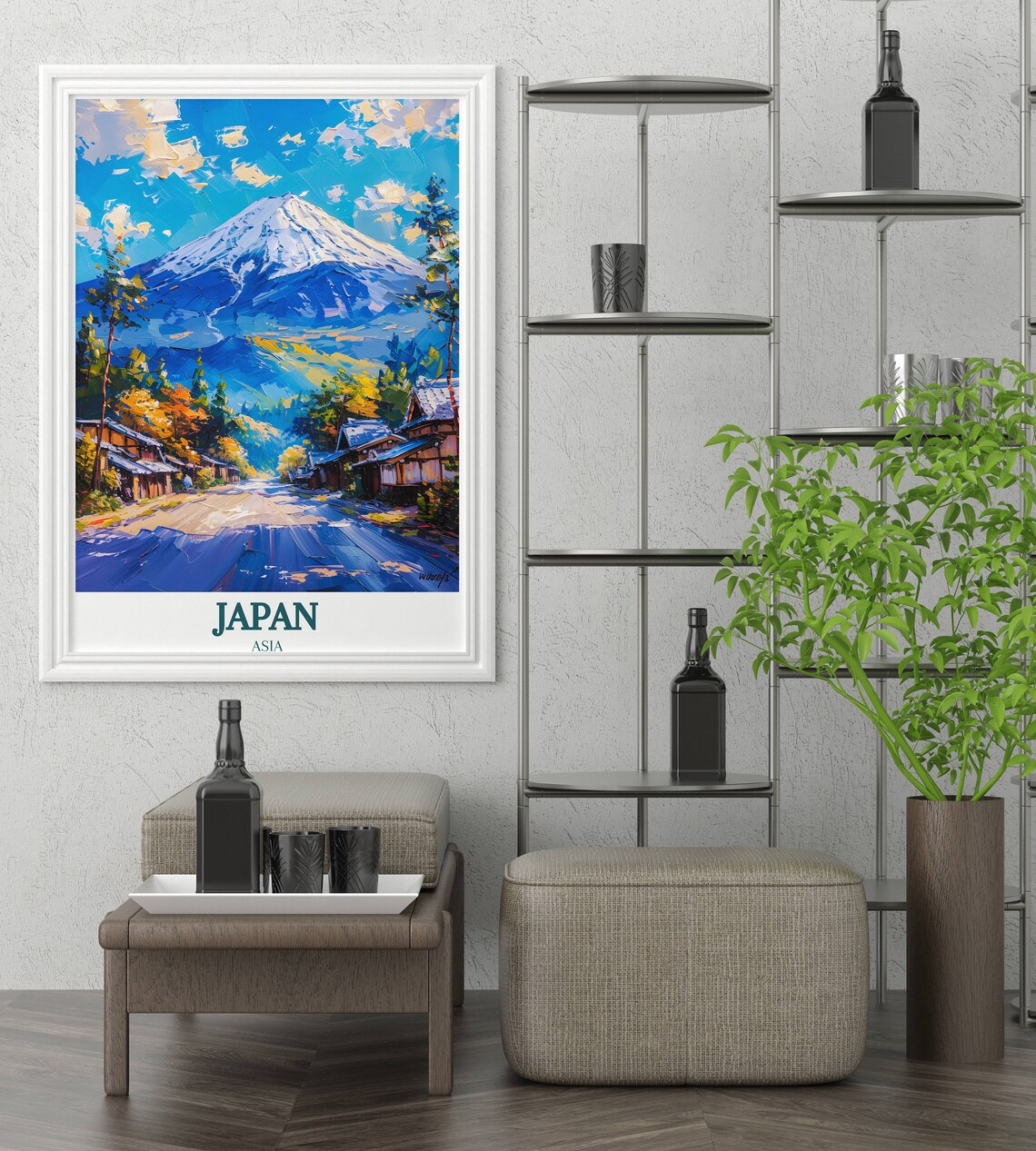 Mount Fuji Above Village Road In Oil Painting Japan Asia Poster - Image 4