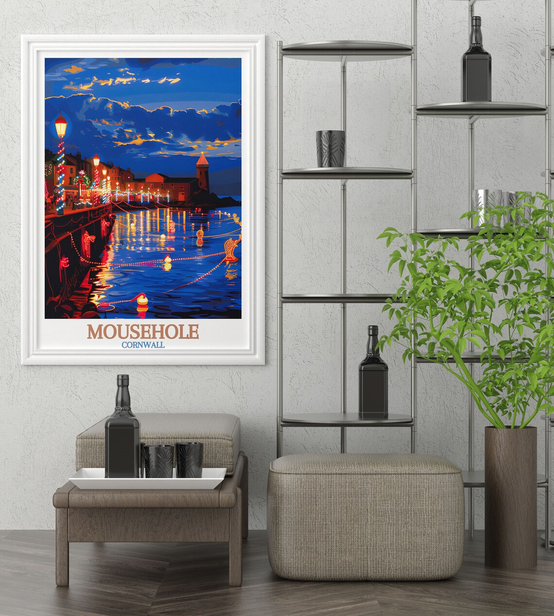 Mousehole Cornwall Christmas Lights Harbour Night Festive Travel Poster - Image 3