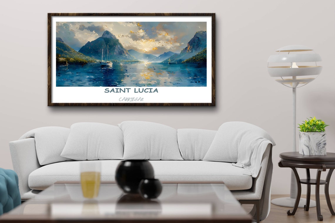 Saint Lucia Pitons Sailboat Golden Sunset Over Calm Seas Poster - Image 2