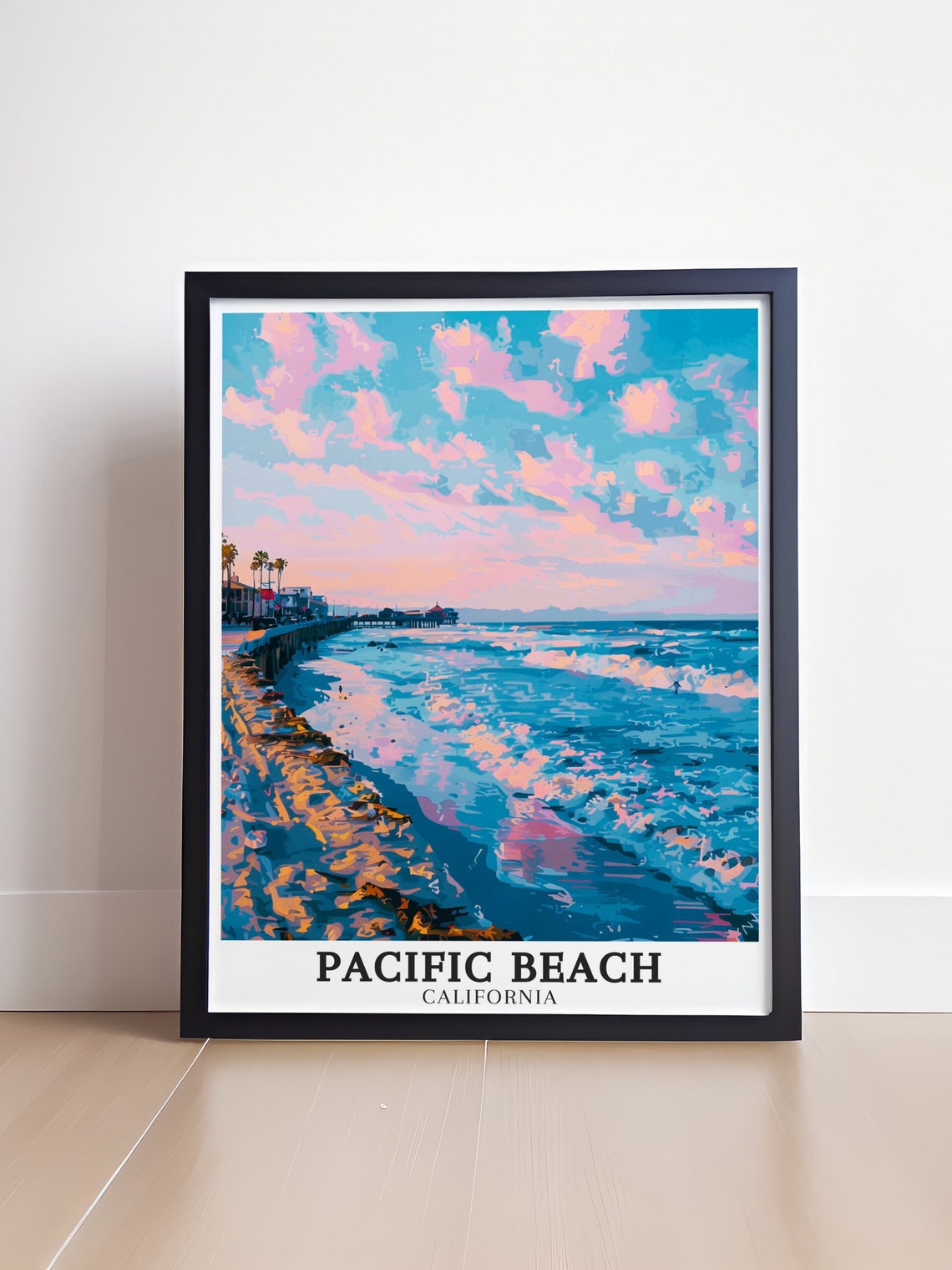 Pacific Beach California Pink Sunset Boardwalk Surf Scene Poster - Image 4