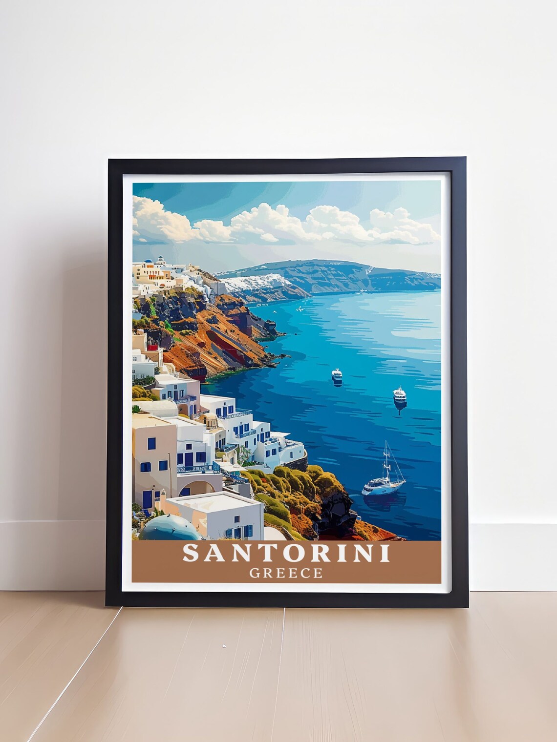Santorini Greece Caldera Fira Cliffside Sailboats Travel Poster - Image 4