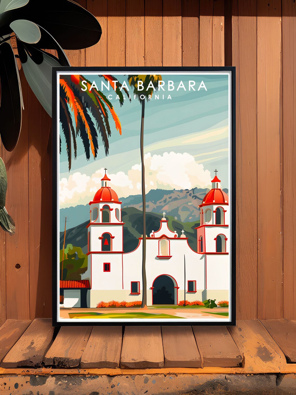 Santa Barbara Mission Red Domes Palm Trees Spanish Travel Poster - Image 2