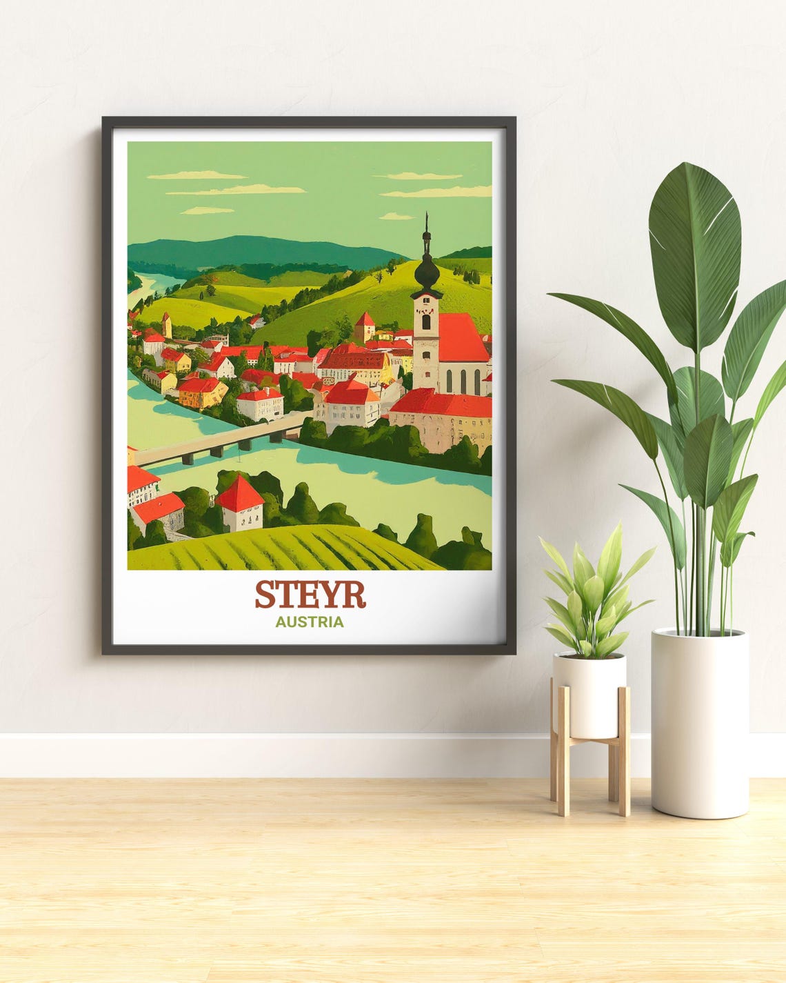 Steyr Austria Riverside Old Town and Church Tower View Poster - Image 3