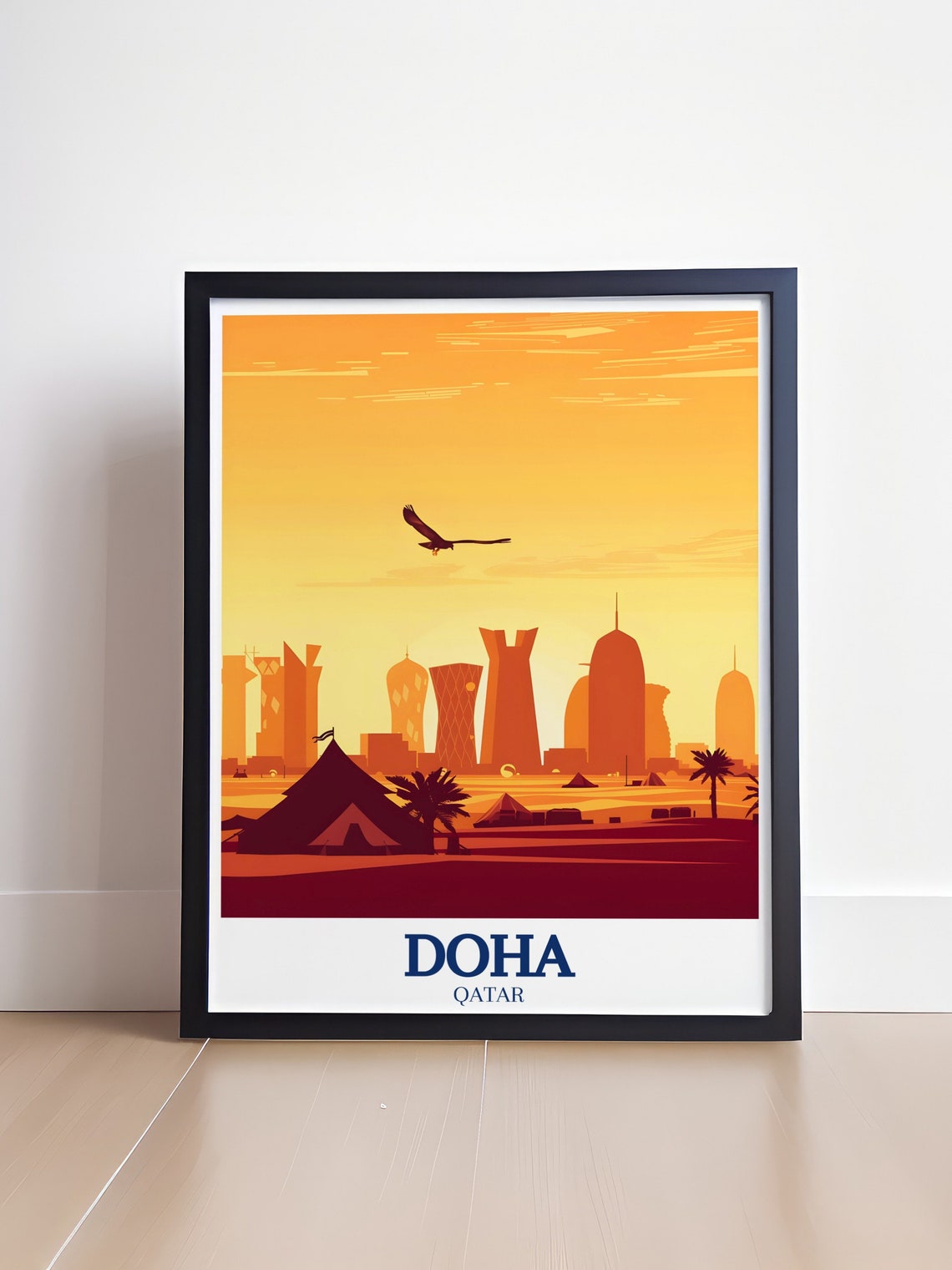 Doha Desert Bedouin Camp Sunset with Falcon and Skyline Poster - Image 4