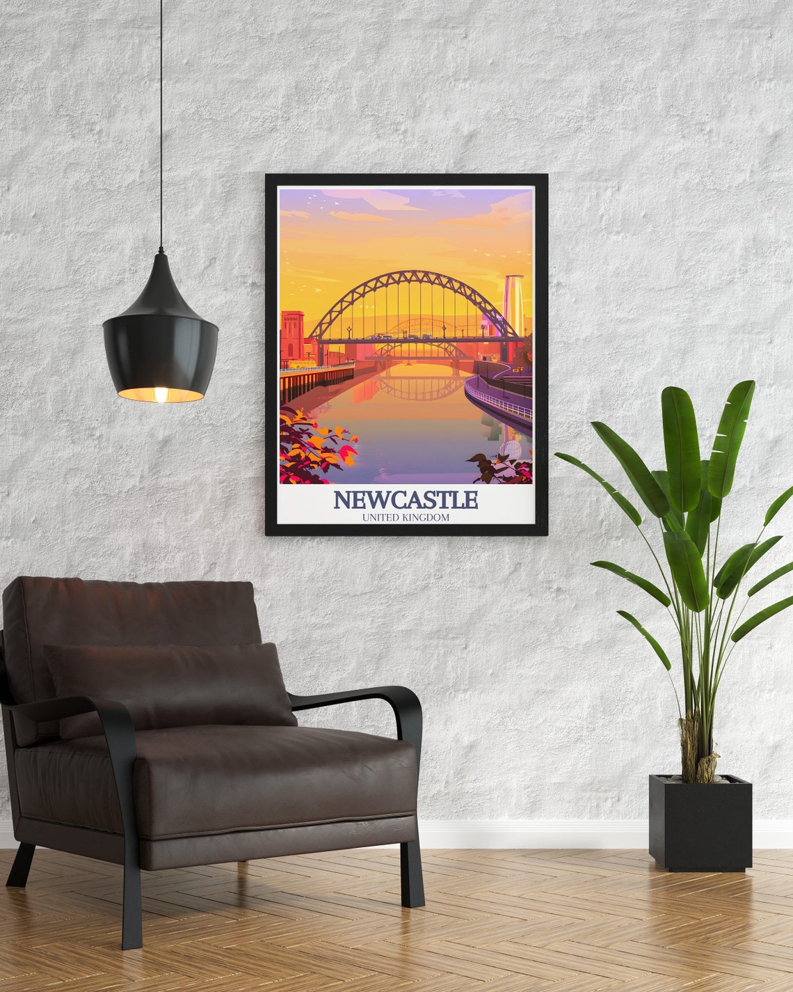 Newcastle Tyne Bridge Golden Sunset Reflection Retro Travel Poster - Image 2