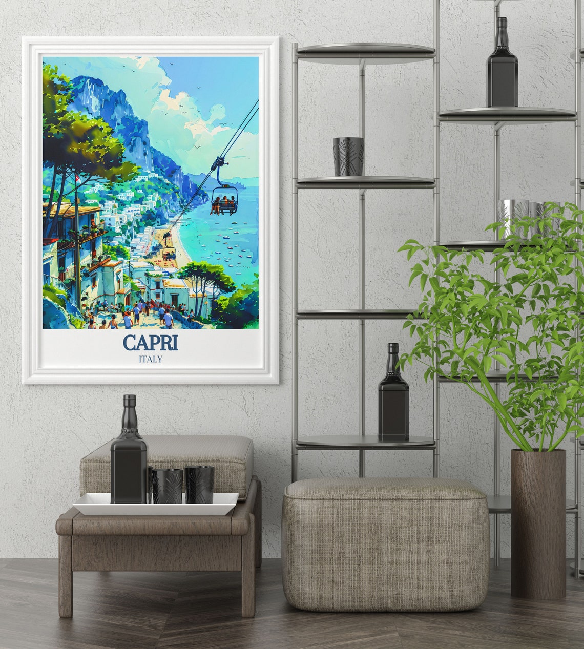 Capri Italy Chairlift Over Turquoise Bay Cliffs Coastline Poster - Image 3