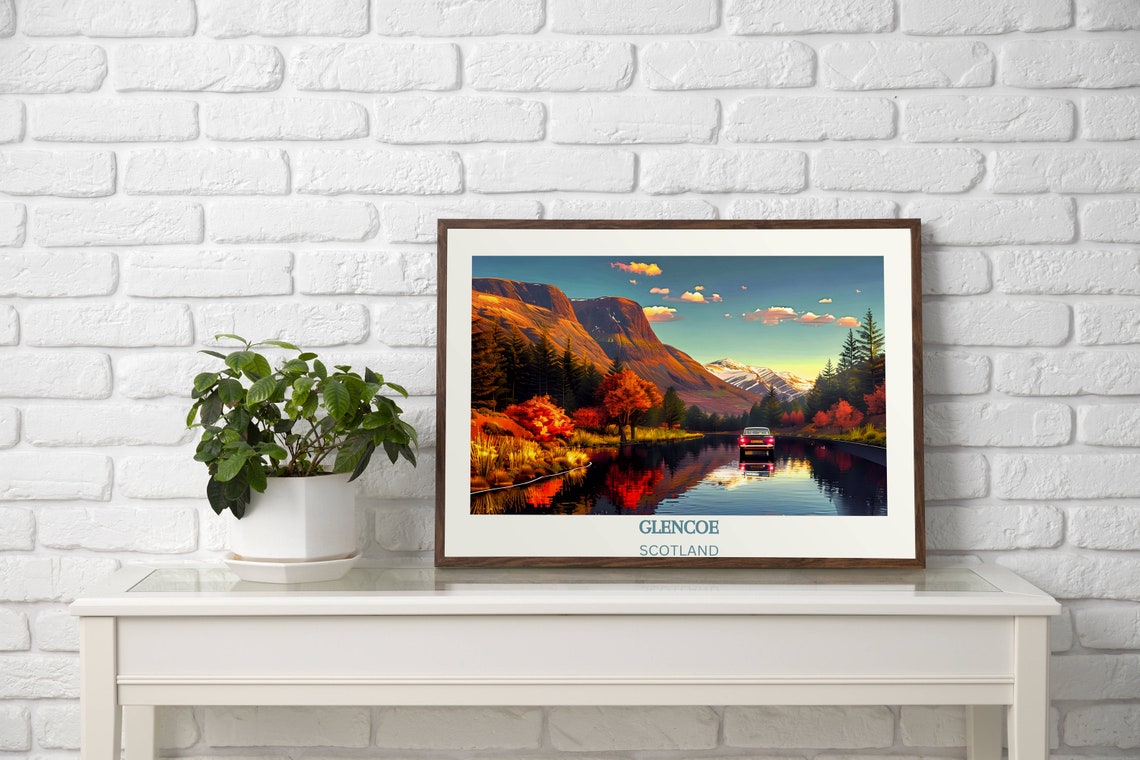 Glencoe Scotland Autumn Mountains Poster With Car on Flooded Road - Image 3
