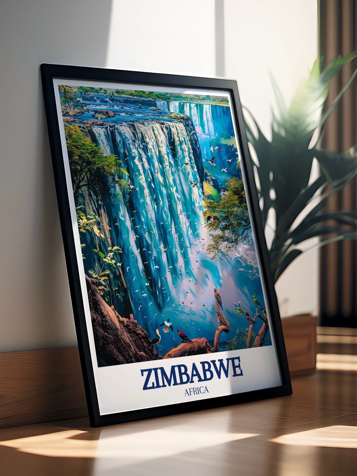 Zimbabwe Africa Victoria Falls Mist Blue Painterly Cascade Poster - Image 3