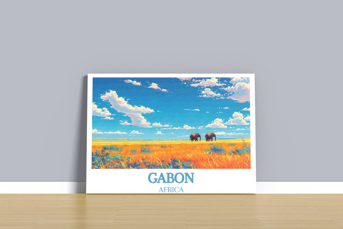 Gabon Africa Elephants Crossing Golden Savanna Grass Land Poster - Image 2