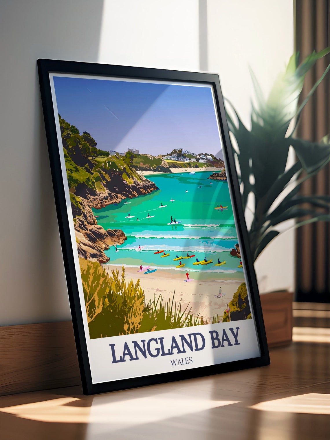 Langland Bay Wales Kayakers Turquoise Cove Rocky Beach Escape Poster - Image 3