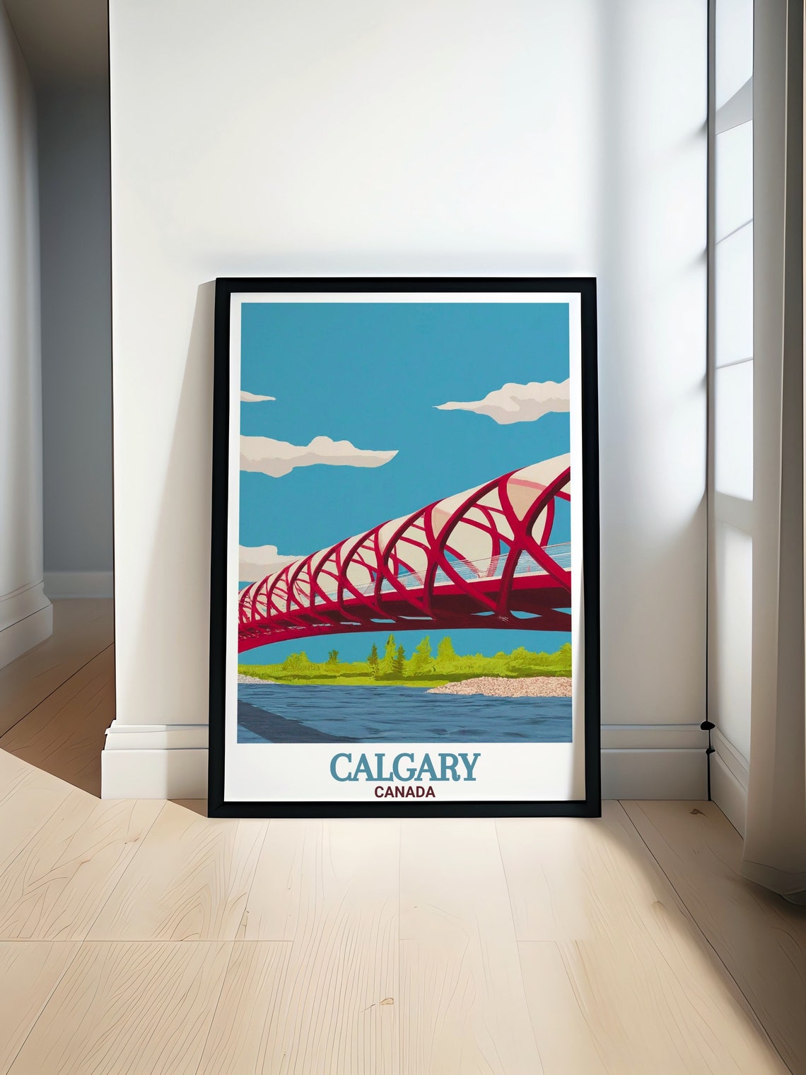 Calgary Canada Travel Poster Peace Bridge Bow River Red Design