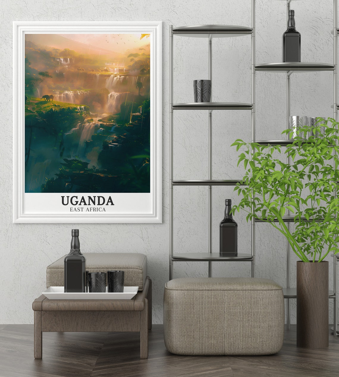 Uganda Waterfall Cascades With Elephants Golden Hour Africa Poster - Image 2