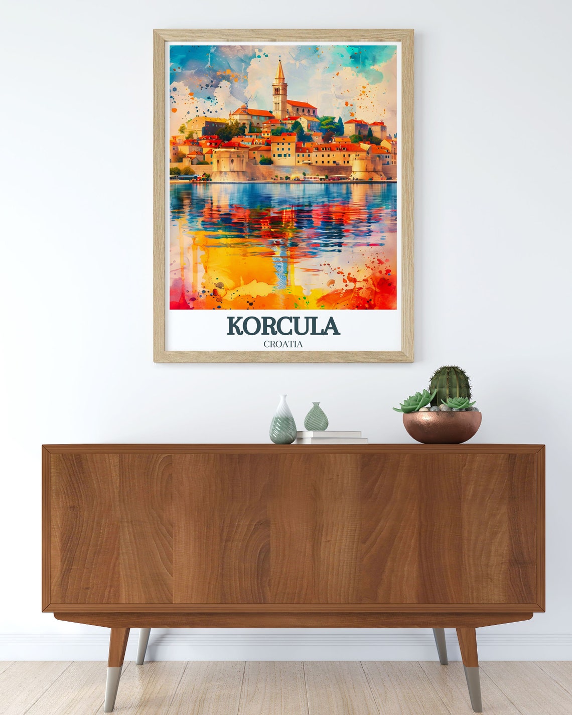 Korcula Old Town Watercolor Harbor Reflection Croatia Poster - Image 2