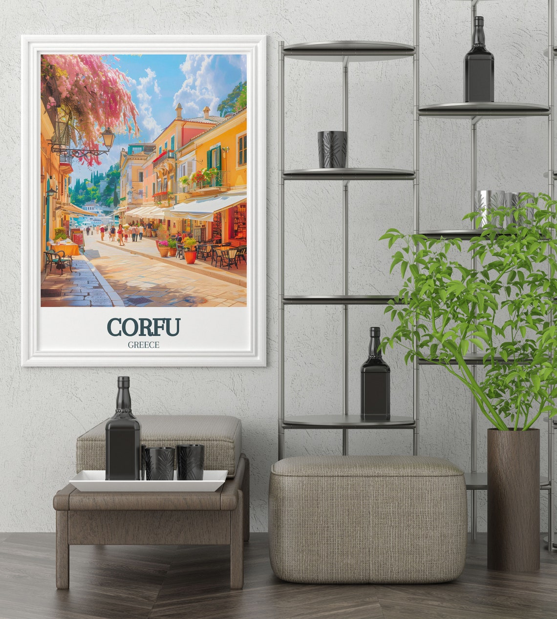 Corfu Greece Old Town Street with Bougainvillea Blooms Poster - Image 2