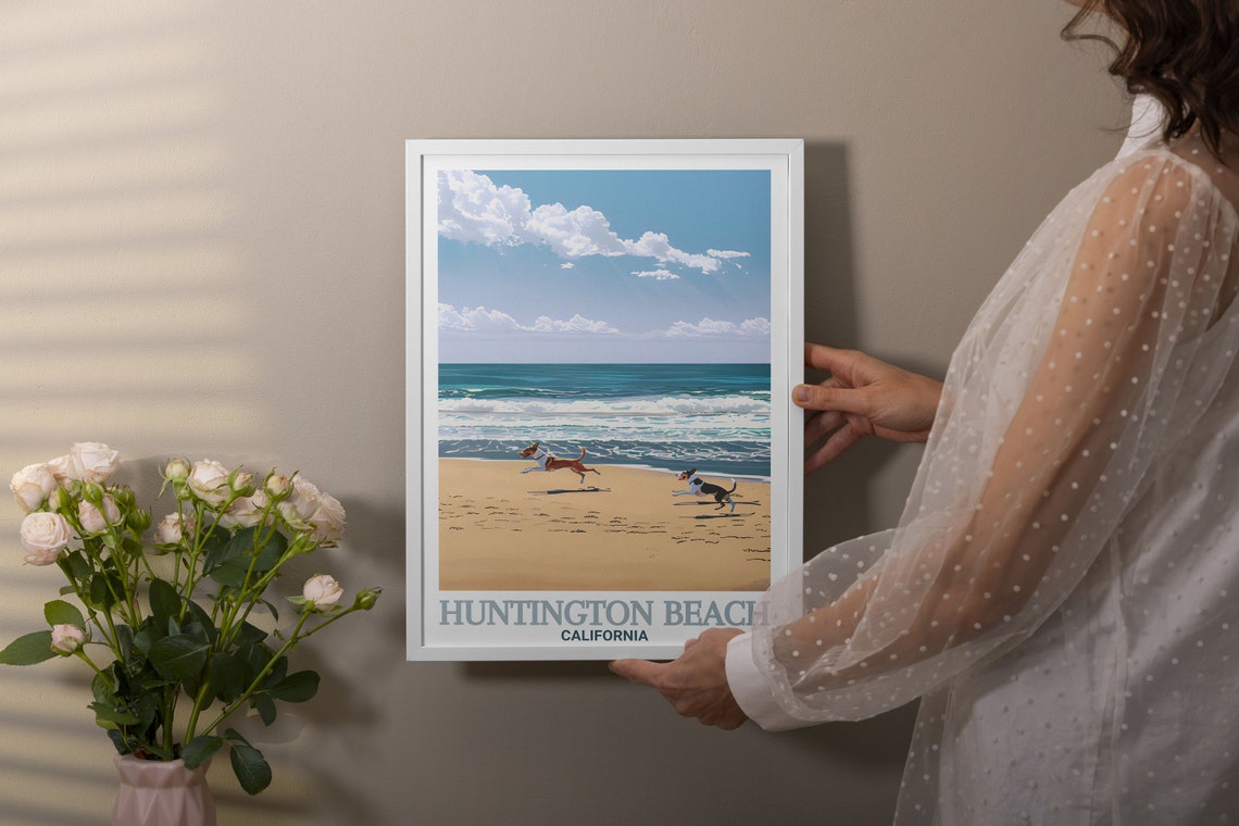 Huntington Beach California Happy Dogs Playing On Sand Poster - Image 3