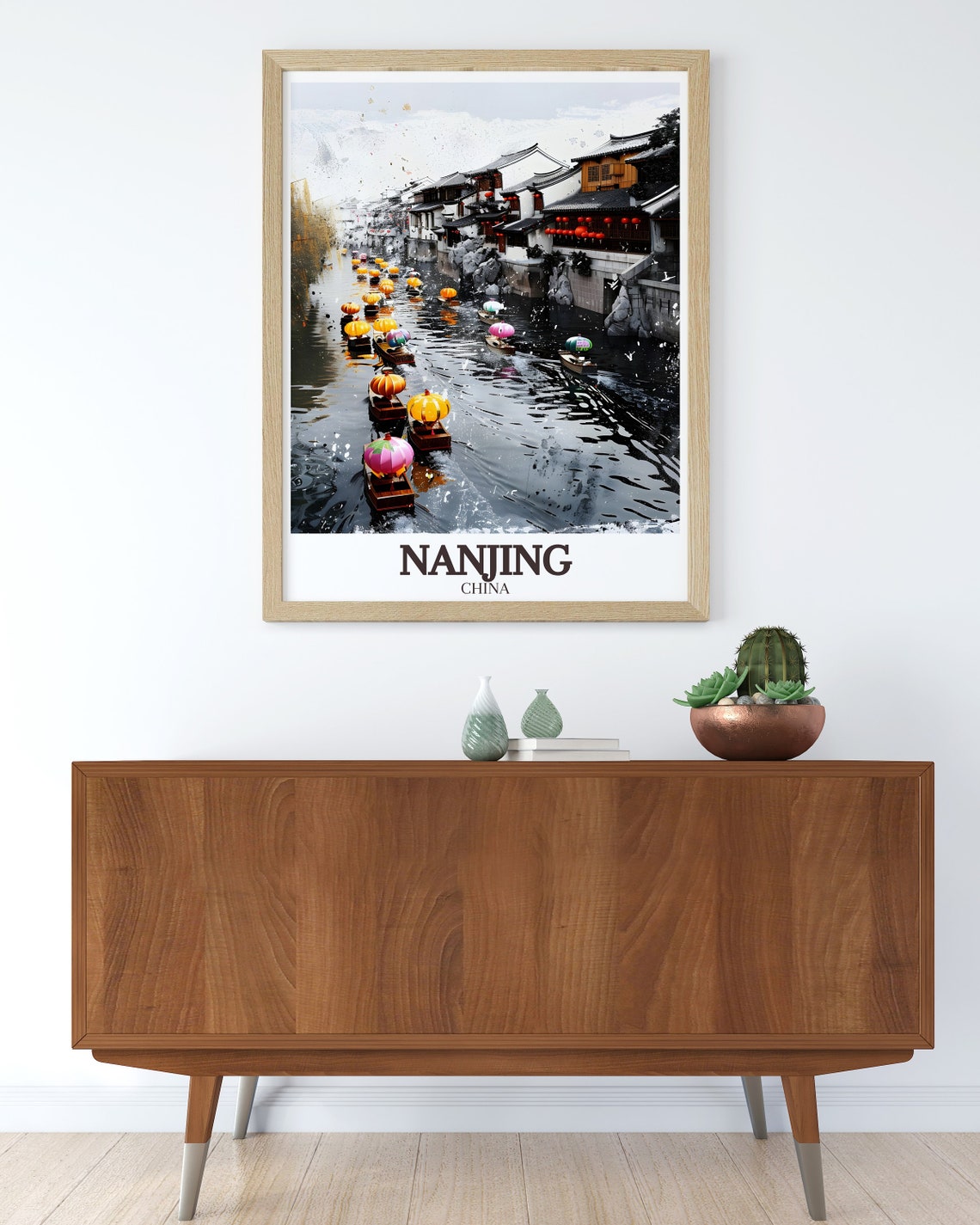 Nanjing China Qinhuai River Parasol Boats Night Scene Art Poster - Image 3