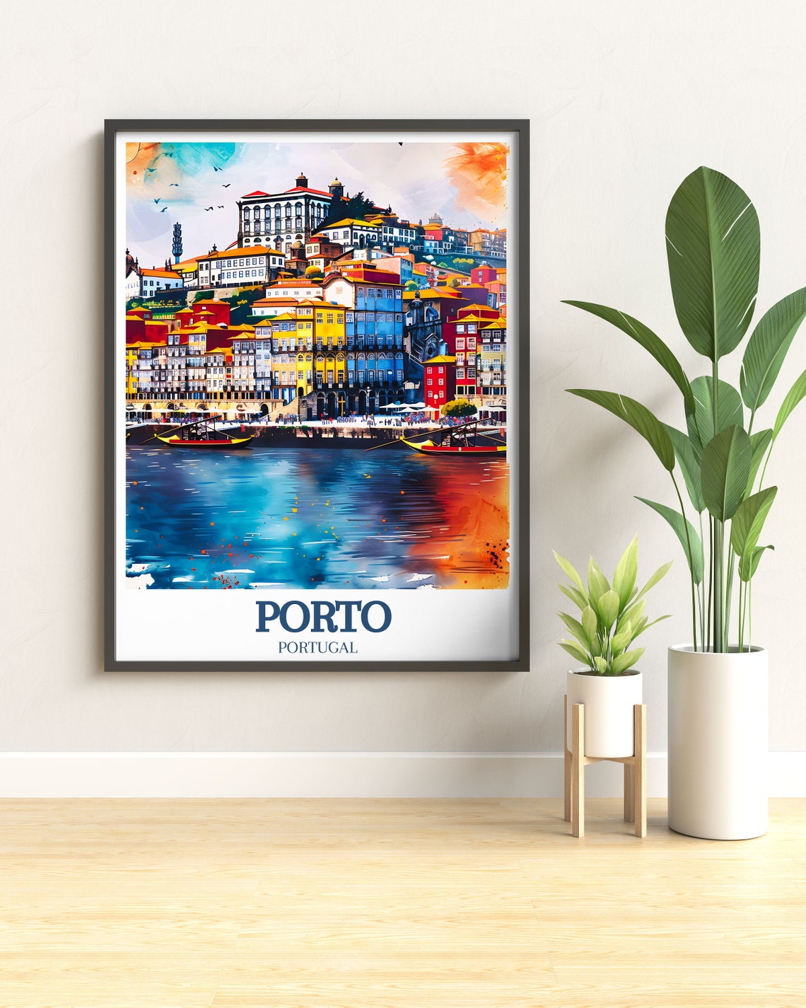 Porto Ribeira Douro River Rabello Boats Watercolor Travel Poster - Image 2