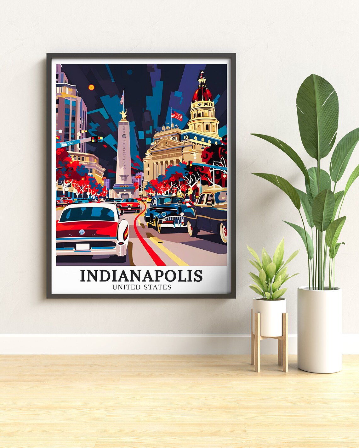 Indianapolis Monument Night Classic Cars Vintage Travel Poster - Image 2