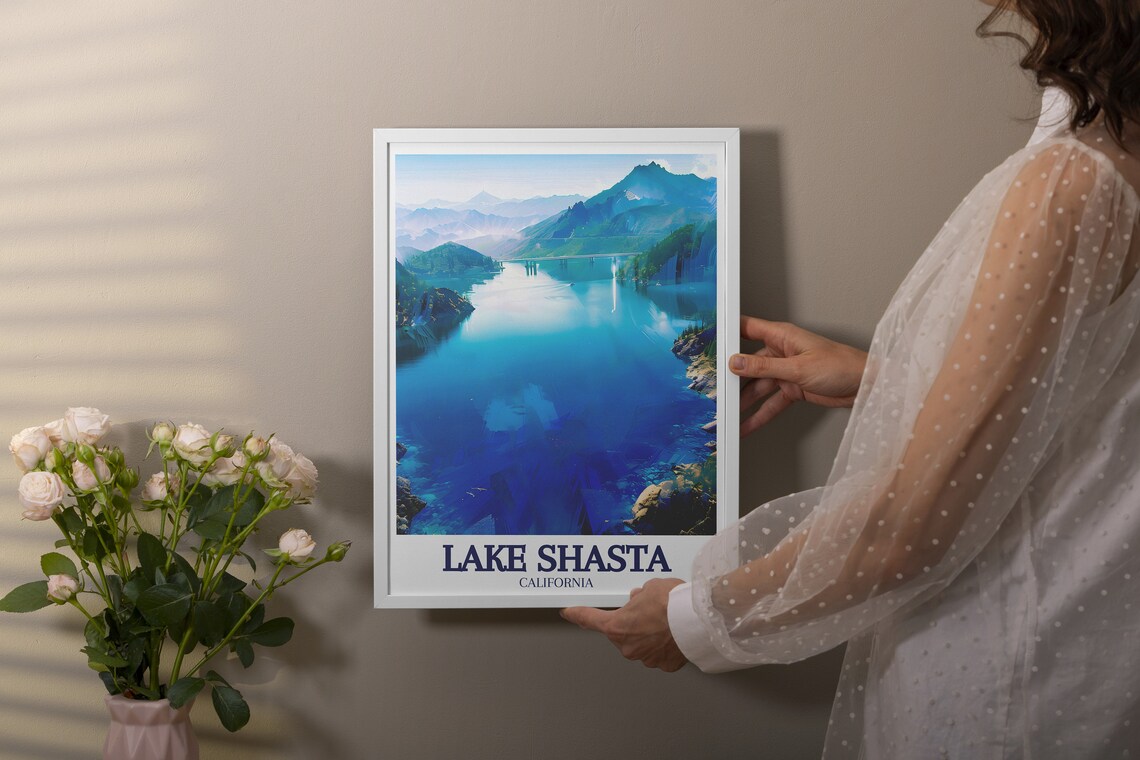 Aerial View of Blue Lake Shasta With Mountain Peaks Travel Poster - Image 3