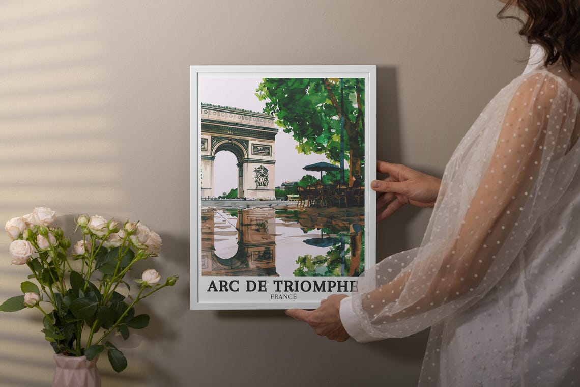 Arc de Triomphe France Watercolor Rainy Street Reflection Scene Poster - Image 4